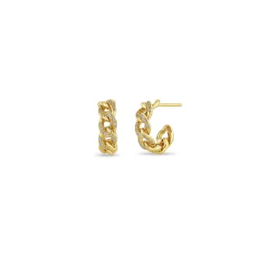 14k Medium Pavé Diamond Curb Chain Huggie Hoops