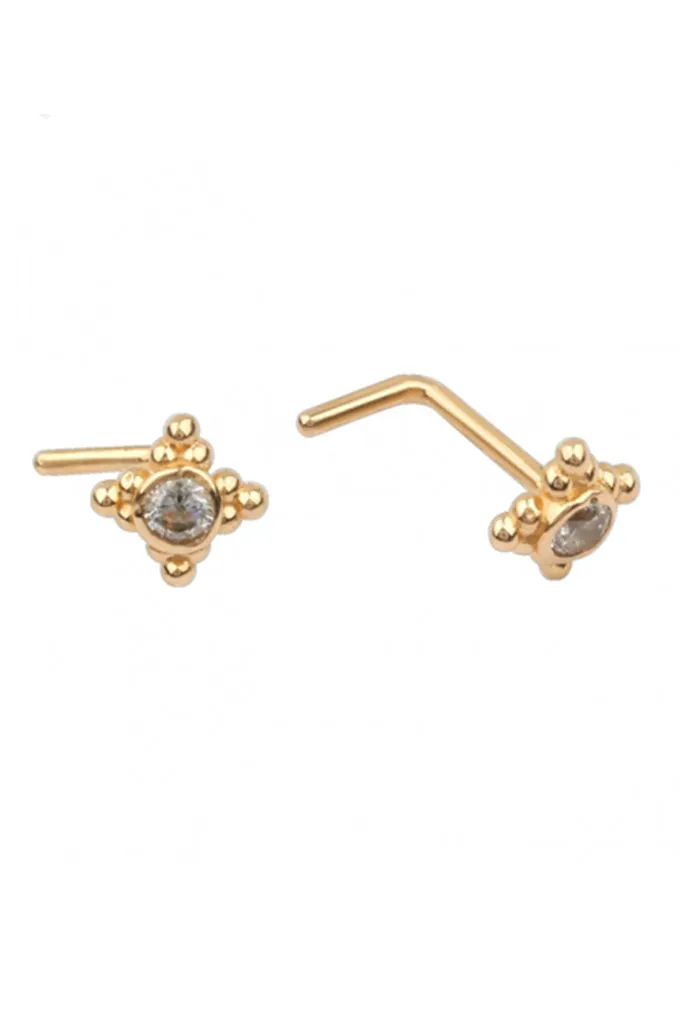 14K Solid Gold 20g Central Cz Nose Stud Piercing