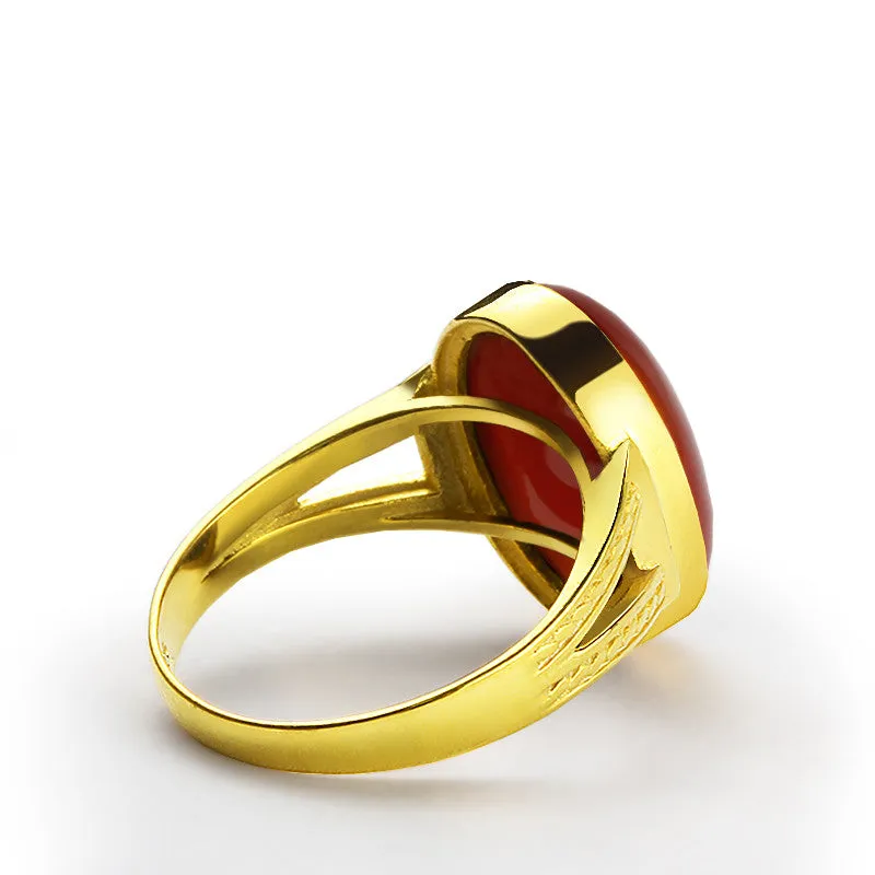 14k Yellow Solid Gold Statement Men's Ring with Natural Red Agate Stone