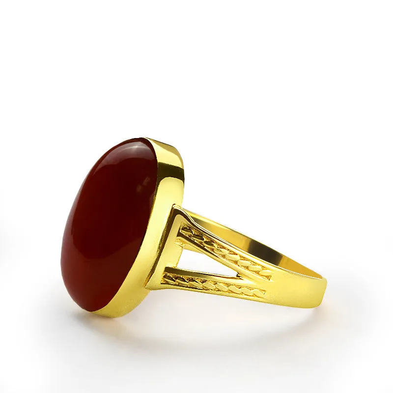 14k Yellow Solid Gold Statement Men's Ring with Natural Red Agate Stone