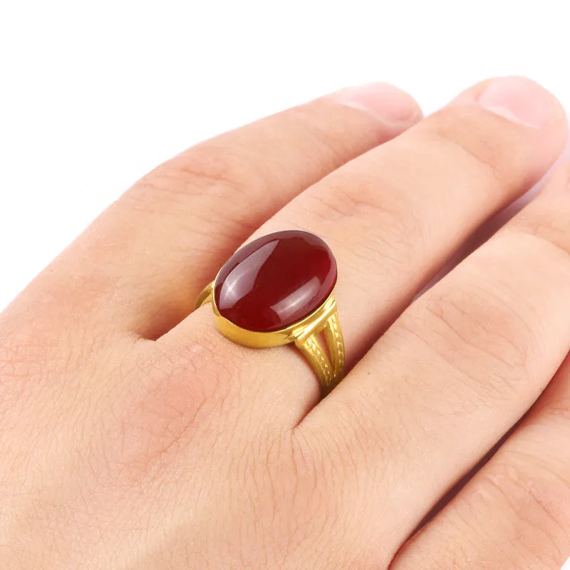 14k Yellow Solid Gold Statement Men's Ring with Natural Red Agate Stone