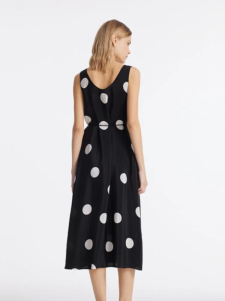 16 Momme Mulberry Silk Polka Dots Printed Women Vest Midi Dress With Belt And Rose Clip And Bottomed Skirt