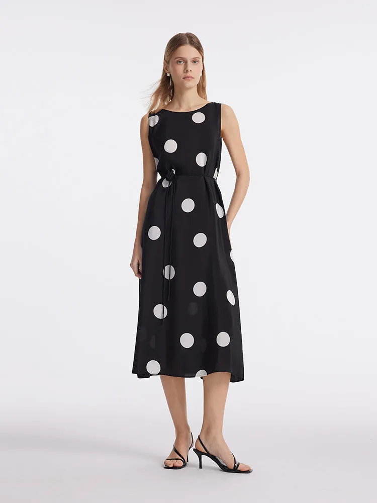 16 Momme Mulberry Silk Polka Dots Printed Women Vest Midi Dress With Belt And Rose Clip And Bottomed Skirt