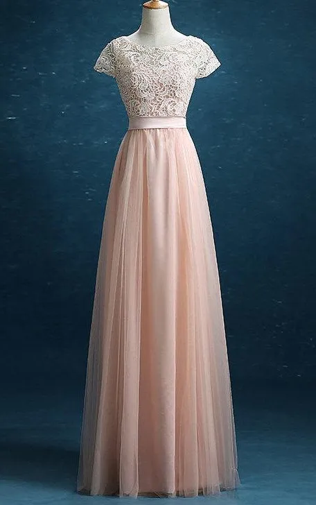 2018 New Prom Lace Tulle Long Prom Tulle Formal Blush Tulle Party Floor Length Dress-105791