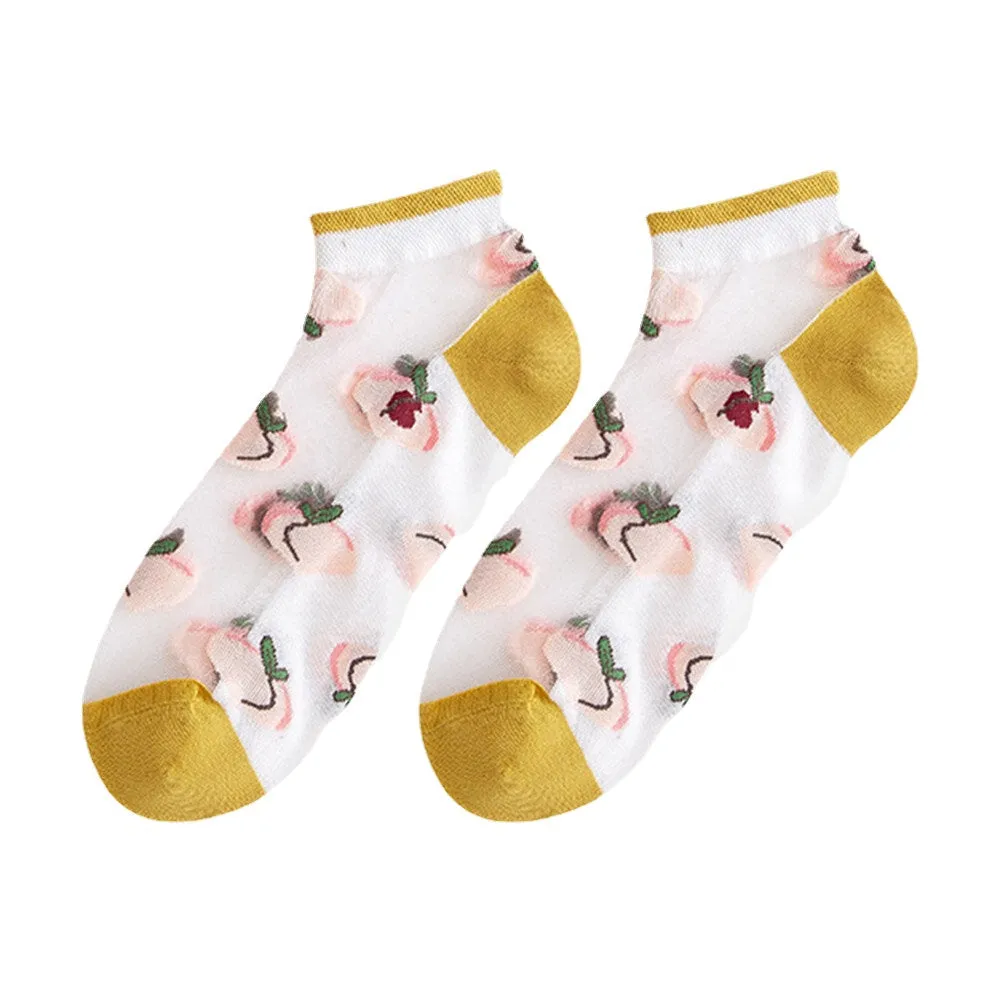 3 Pairs Women Cotton Glass Silk Peach Letters Stripes Pattern Jacquard Breathable Socks