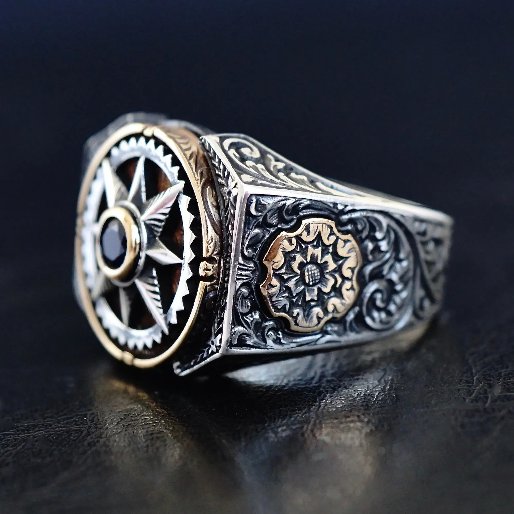 925 Sterling Silver Men's Ring Spinning Compass Black Diamond Unique Turkish Jewelry