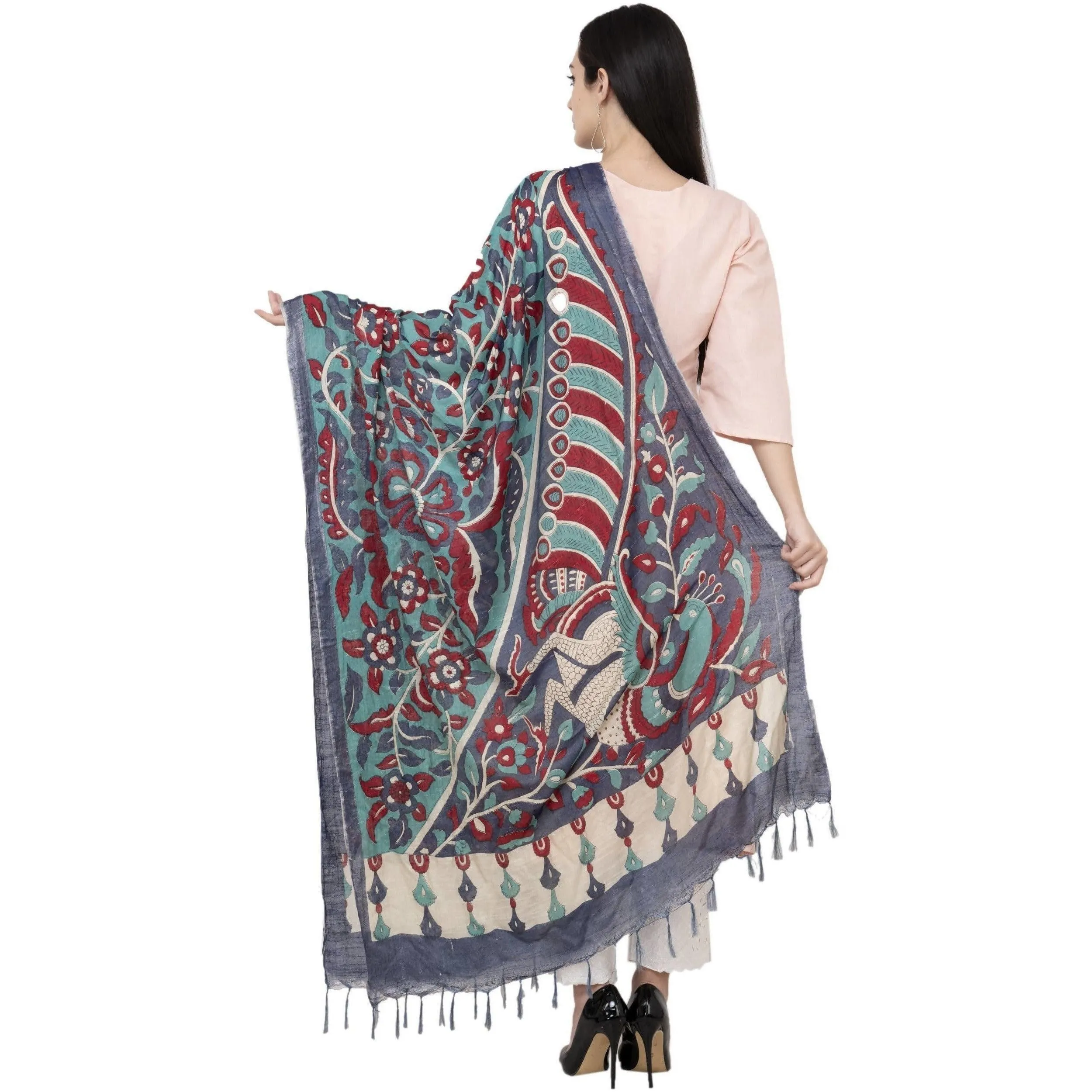 A R Silk Modal Kalamkari Print Fancy Grey Coloured Dupatta