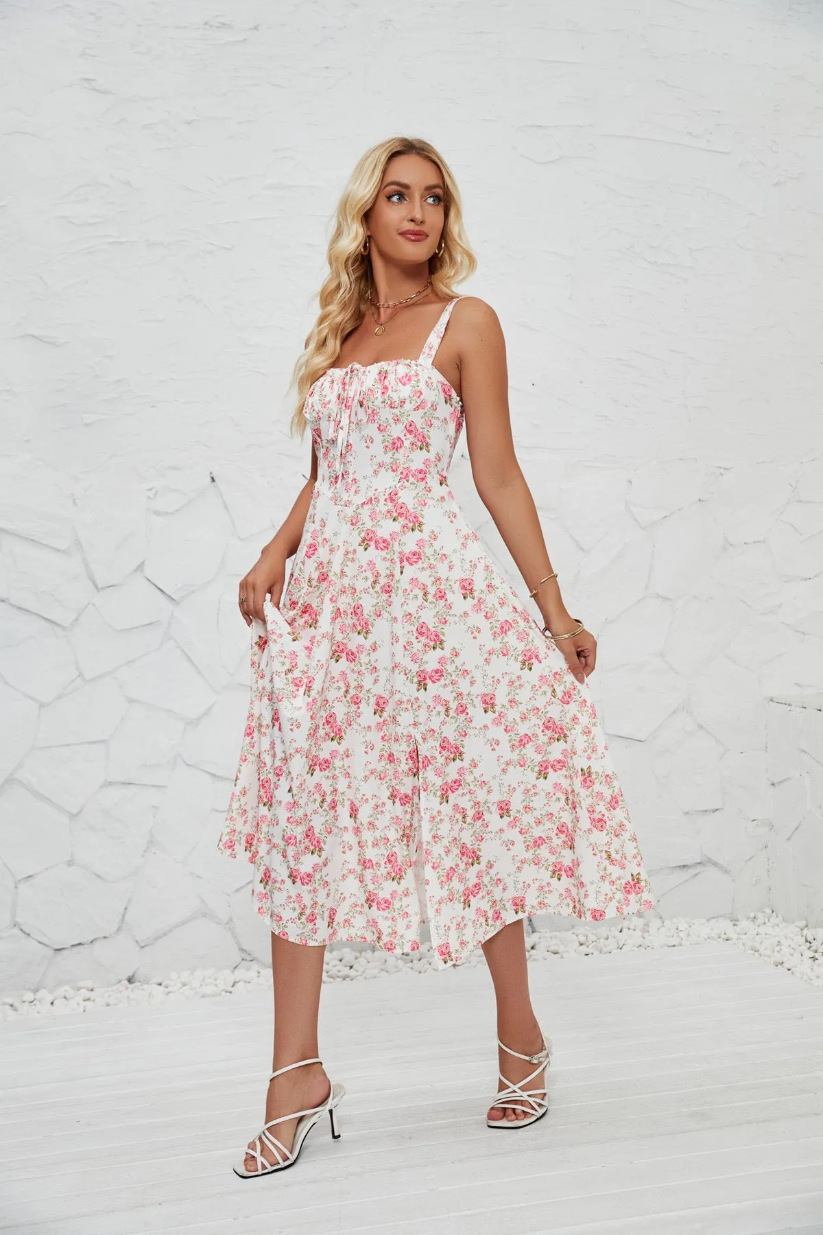 Adjustable Straps Floral Midi Dress