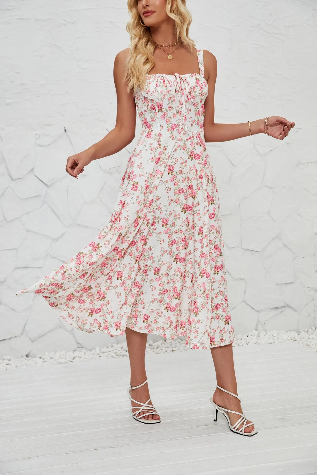 Adjustable Straps Floral Midi Dress