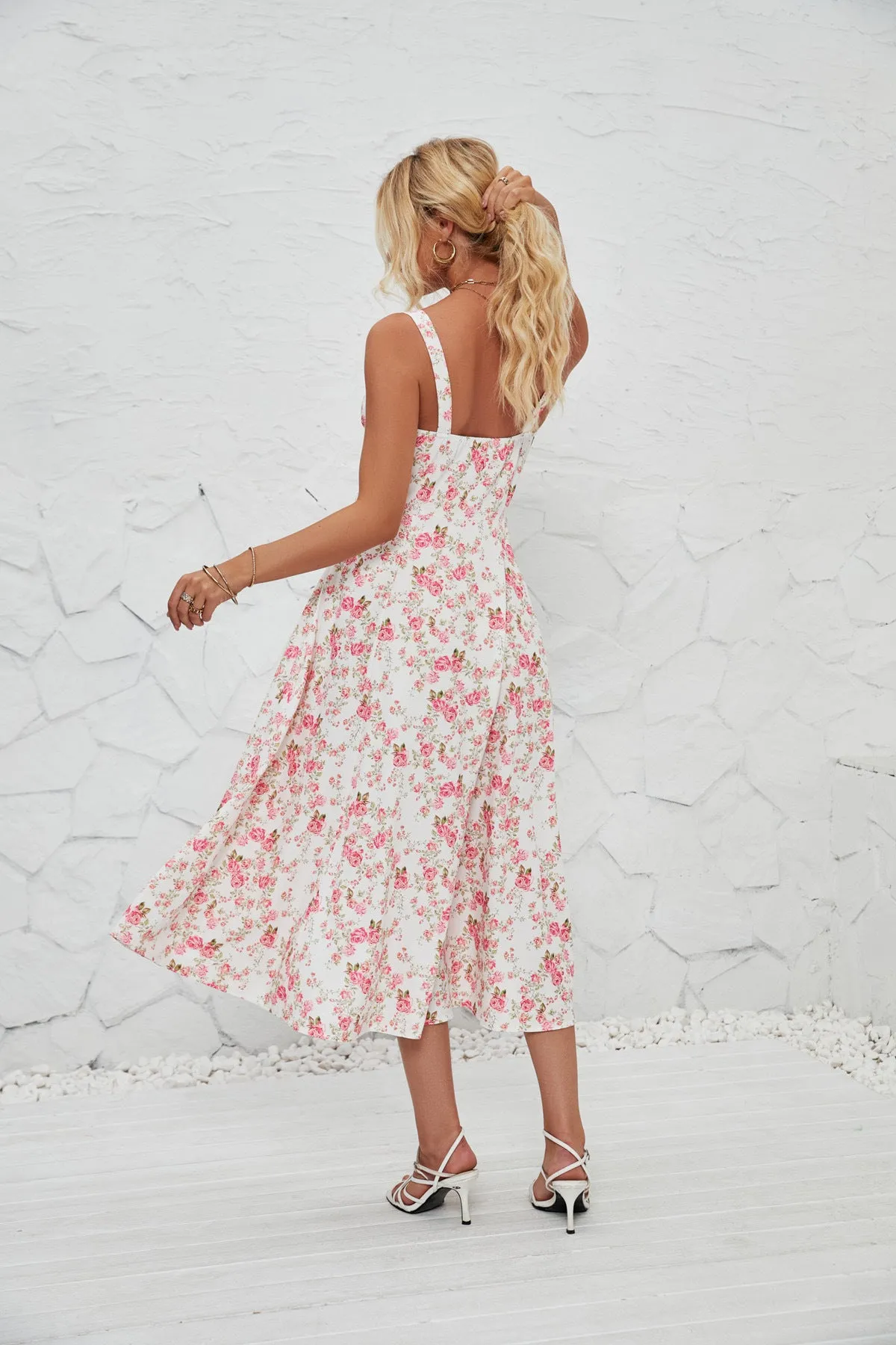 Adjustable Straps Floral Midi Dress