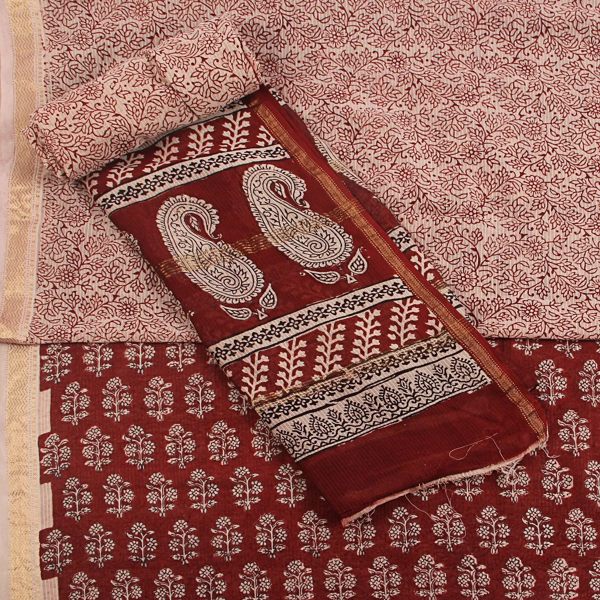 Bagh Hand Block Printed Maheshwari Silk Unstitched 3 Piece Suit Set