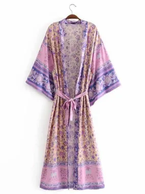 Beachwear Floral Print Violet Color Cotton Long Length Gown Kimono Duster Robe