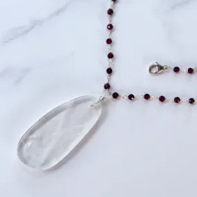 Clear Quartz Gemstone on Wrapped Garnets and Sterling Silver Necklace