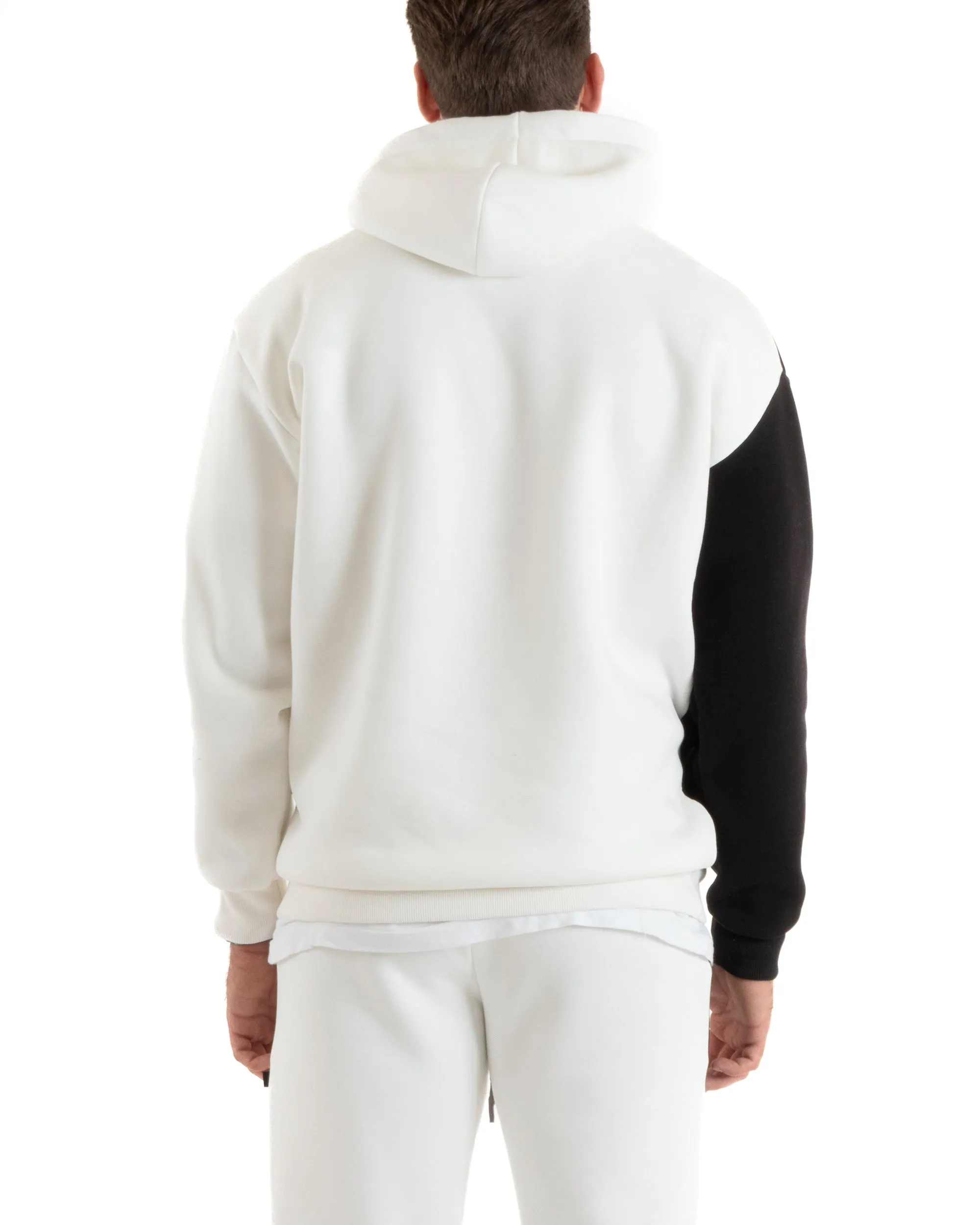 Completo Tuta Uomo Basic Felpa Con Cappuccio Pantaloni Cotone Felpato Tinta Unita Bicolore Bianco GIOSAL-OU2422A