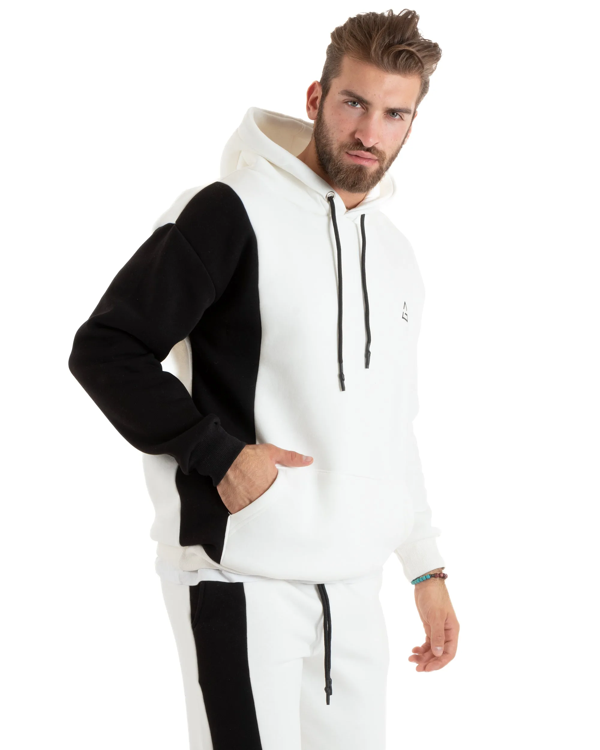 Completo Tuta Uomo Basic Felpa Con Cappuccio Pantaloni Cotone Felpato Tinta Unita Bicolore Bianco GIOSAL-OU2422A