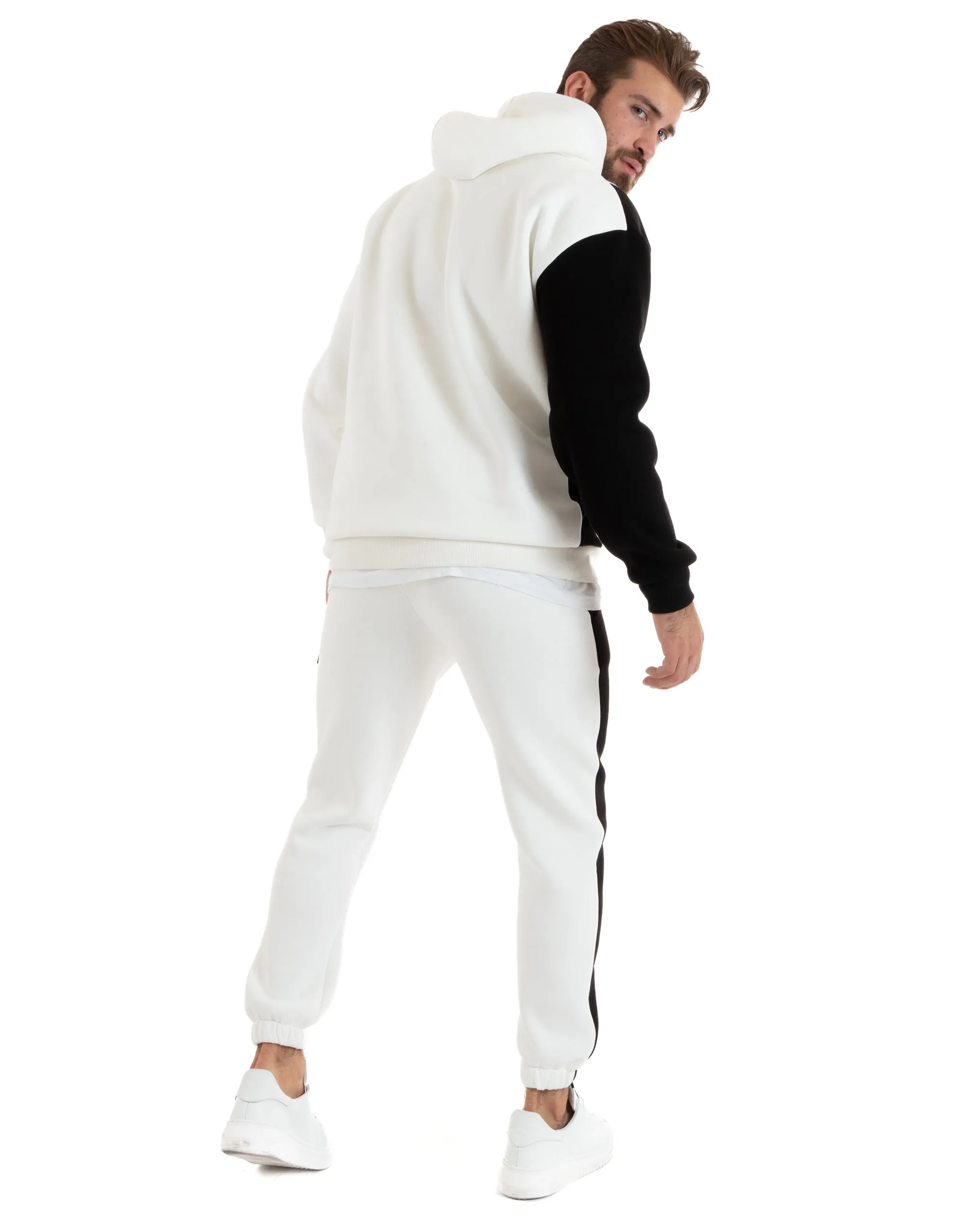 Completo Tuta Uomo Basic Felpa Con Cappuccio Pantaloni Cotone Felpato Tinta Unita Bicolore Bianco GIOSAL-OU2422A