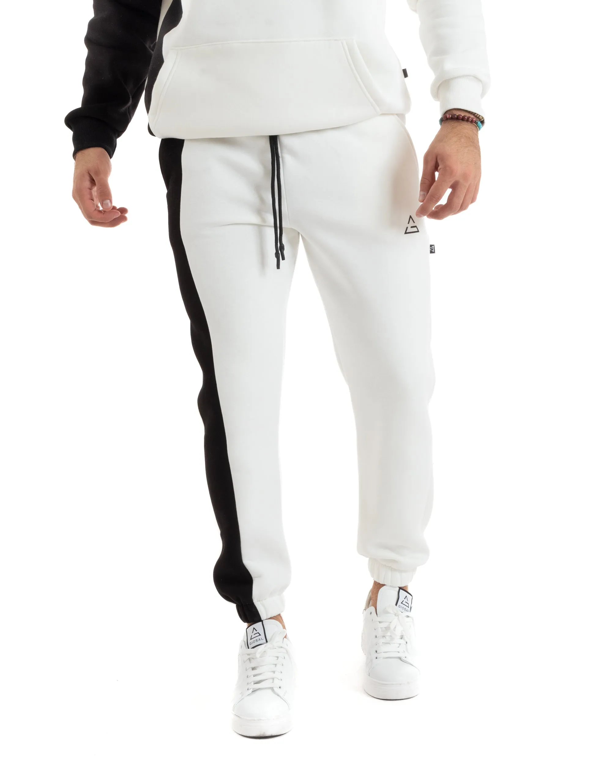 Completo Tuta Uomo Basic Felpa Con Cappuccio Pantaloni Cotone Felpato Tinta Unita Bicolore Bianco GIOSAL-OU2422A