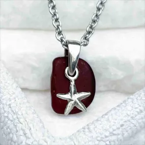 Divine Red Sea Glass Pendant with Sterling Silver Star Charm | 5252