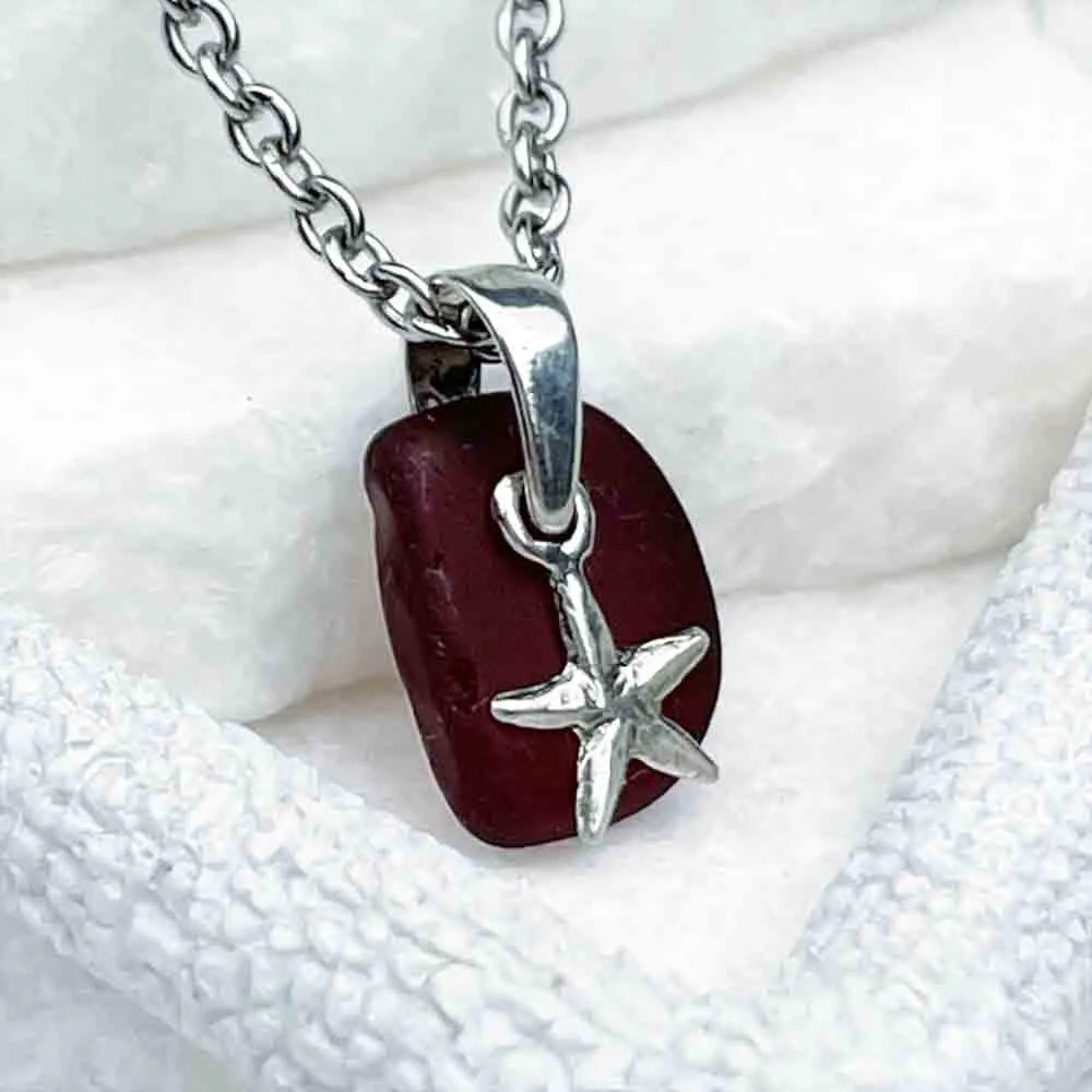 Divine Red Sea Glass Pendant with Sterling Silver Star Charm | 5252