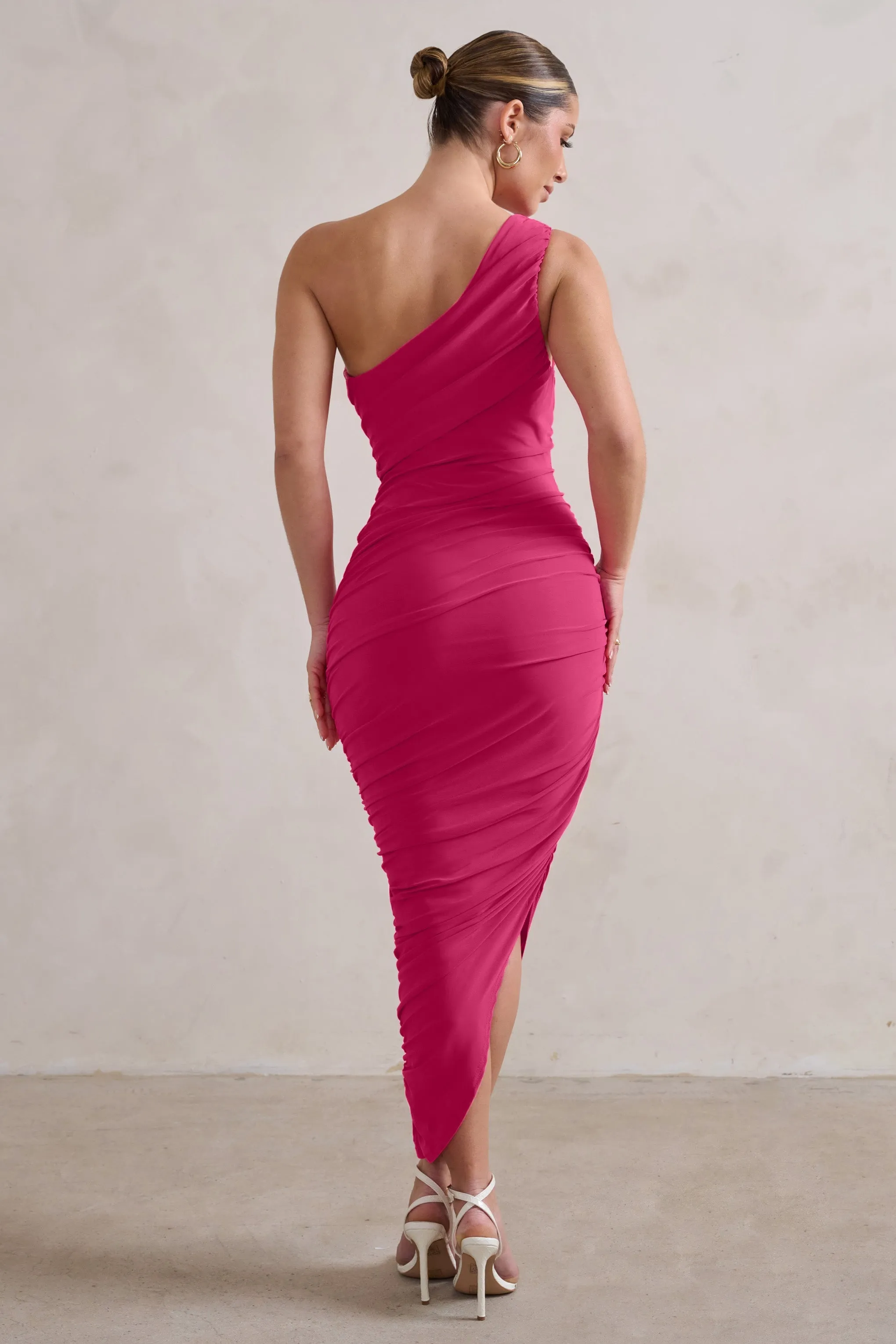 Dorit | Hot Pink One Shoulder Asymmetric Ruched Midi Dress