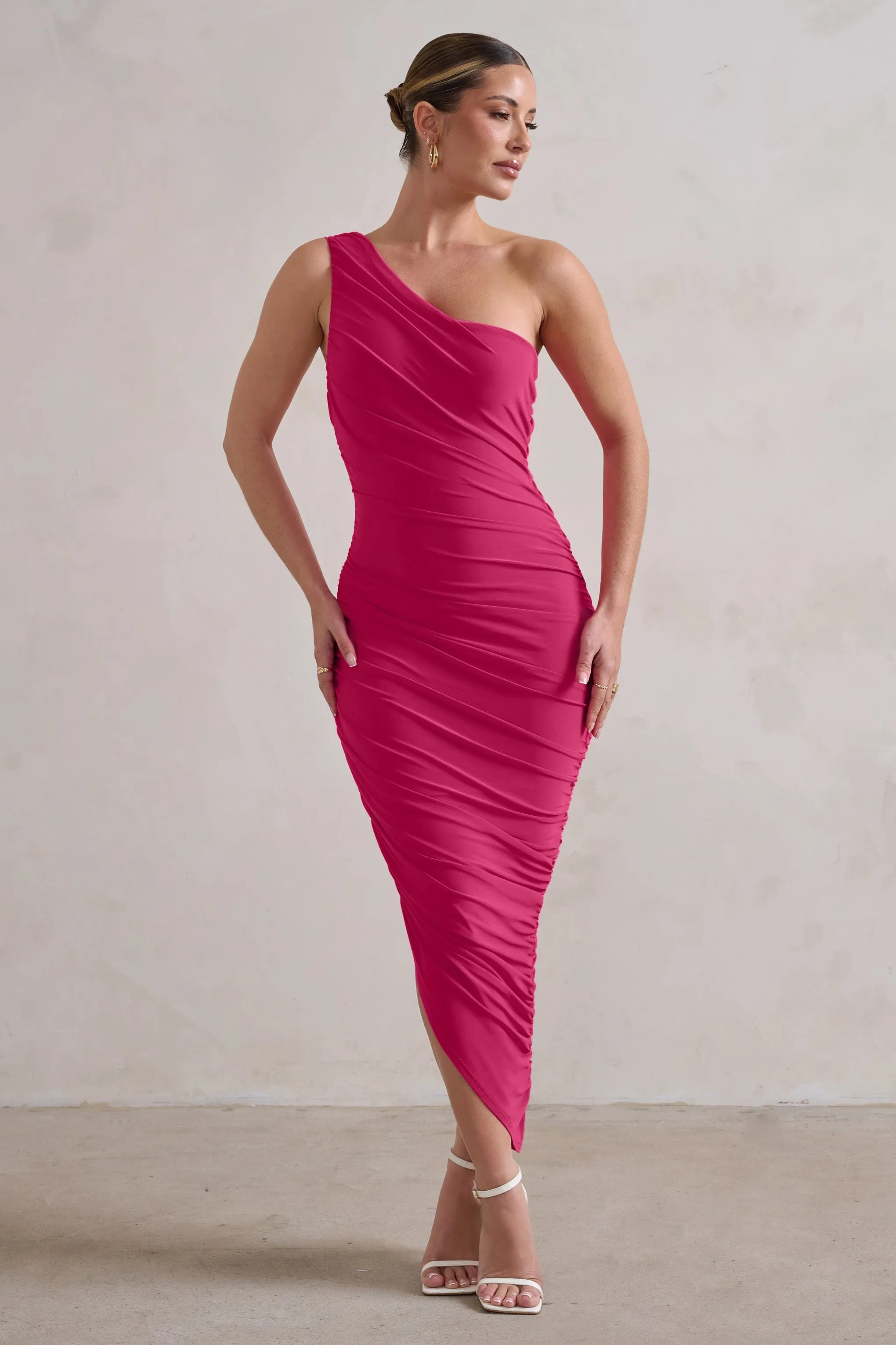 Dorit | Hot Pink One Shoulder Asymmetric Ruched Midi Dress