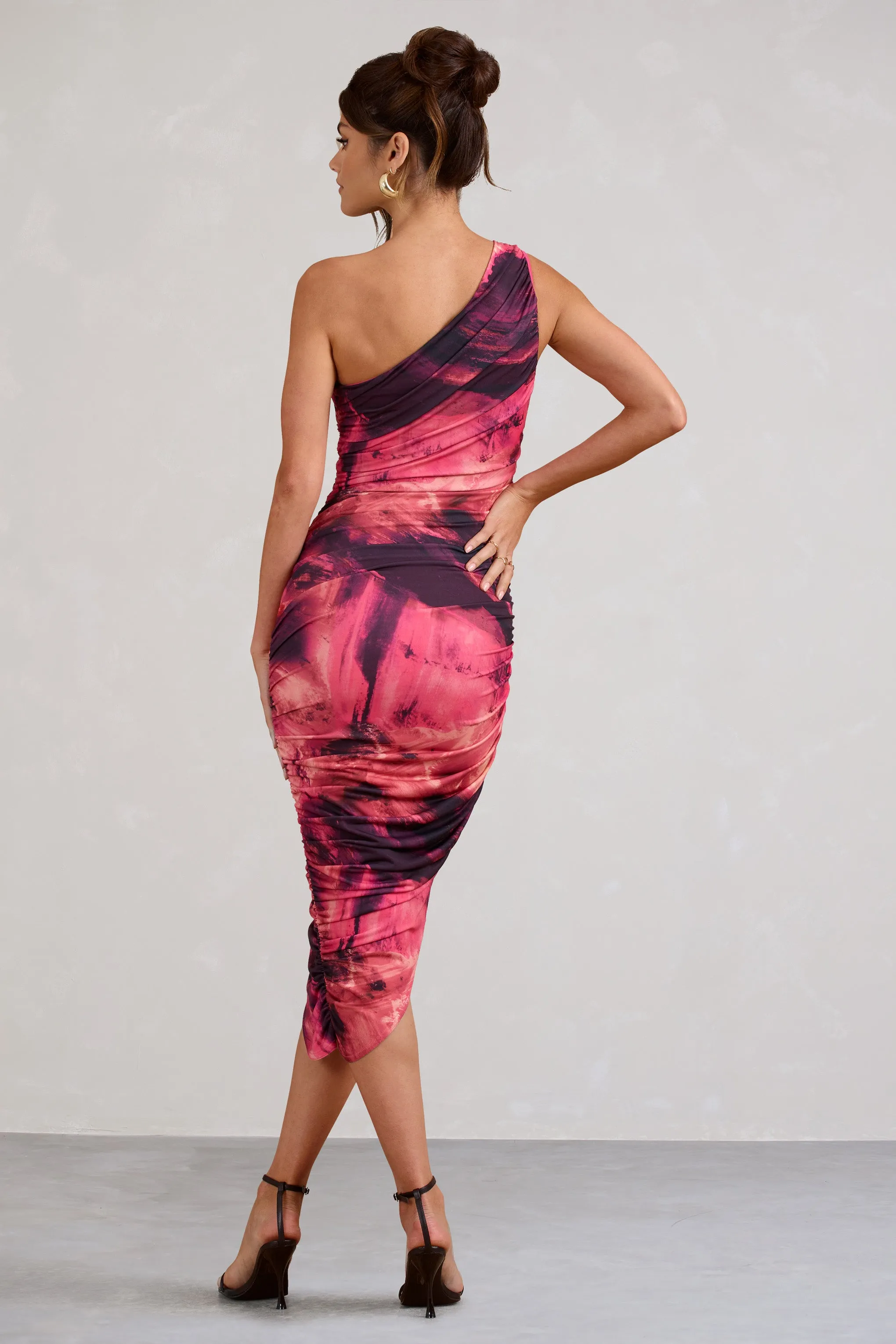 Dorit | Pink Print One Shoulder Asymmetric Ruched Midi Dress