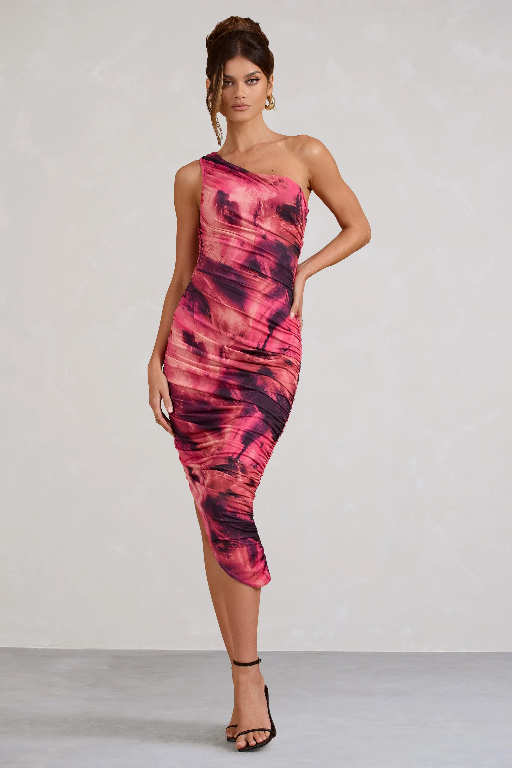 Dorit | Pink Print One Shoulder Asymmetric Ruched Midi Dress