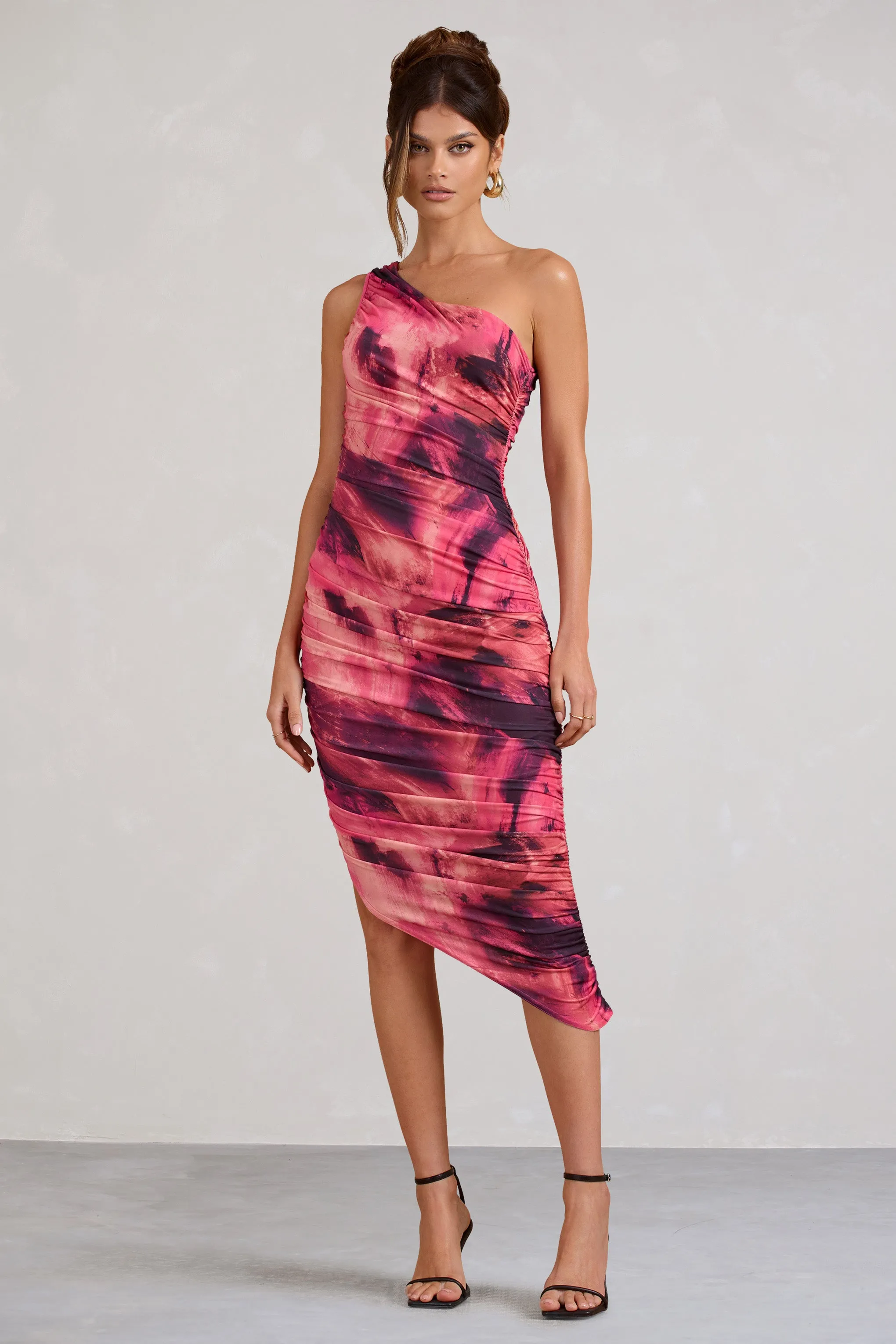 Dorit | Pink Print One Shoulder Asymmetric Ruched Midi Dress