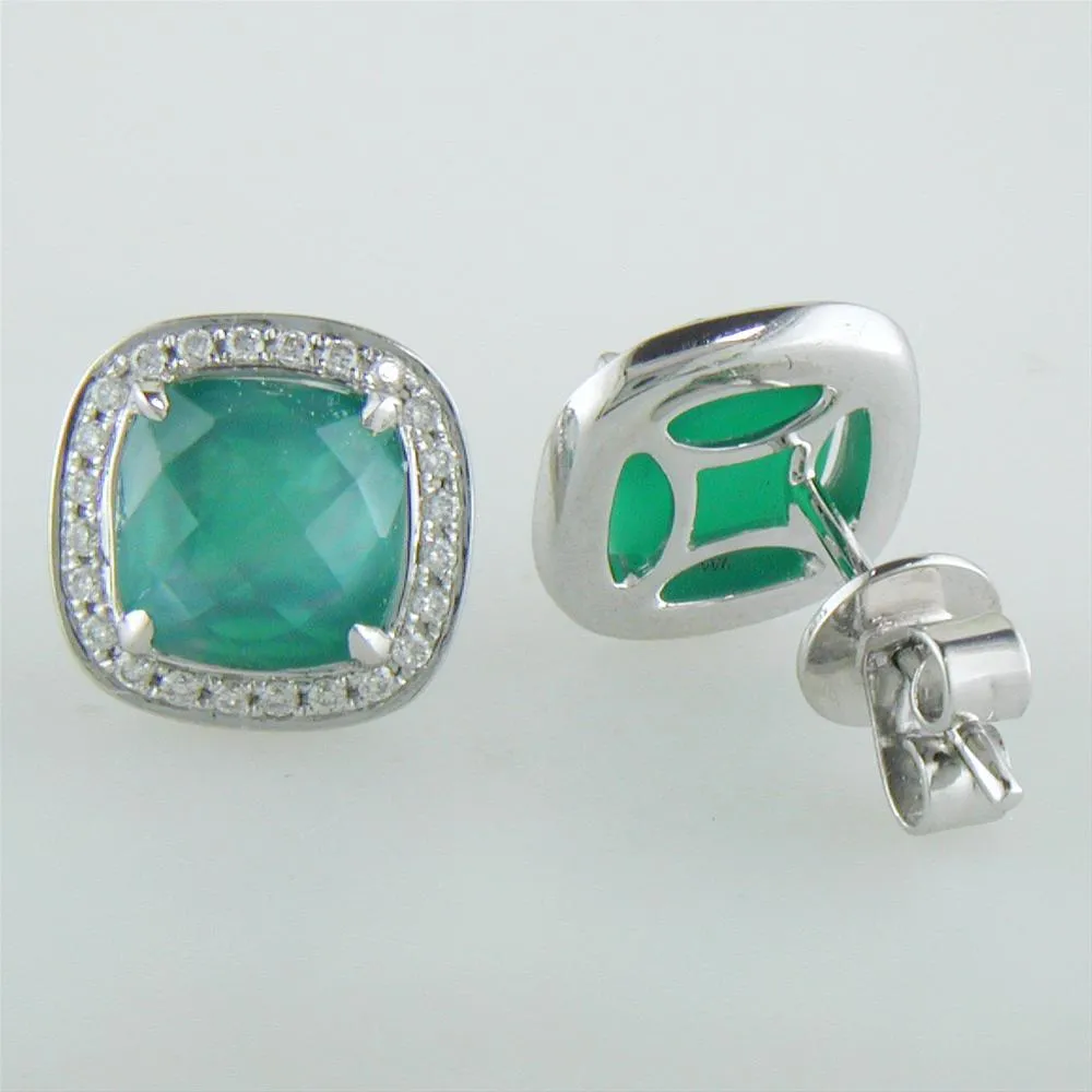 Doves Cypress Grove Green Quartz, Mother of Pearl, & Agate Cushion Shape Stud Earrings with Diamond Halo