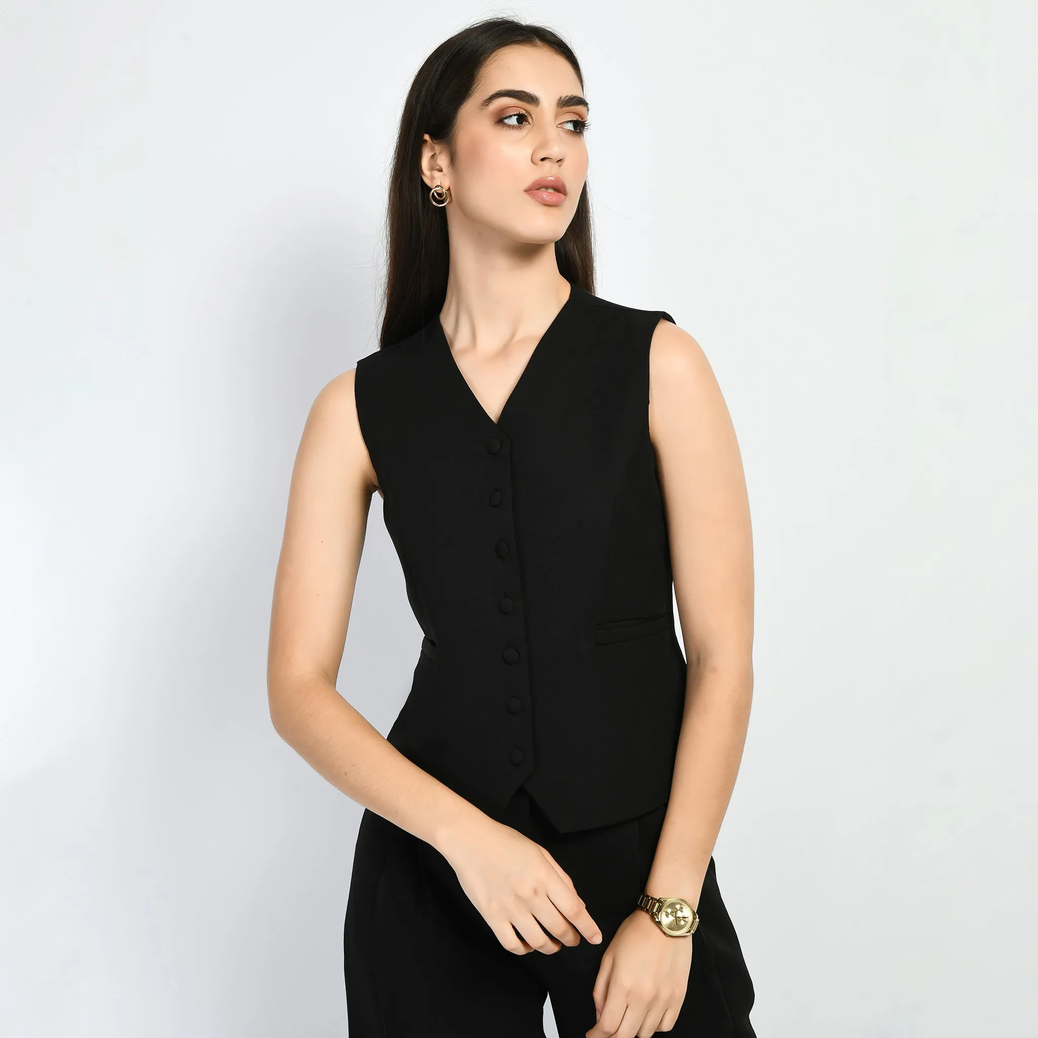 Exude Elusiveness Solid Wide Leg Trousers With Waist-Coat Top Co-ord (Black)