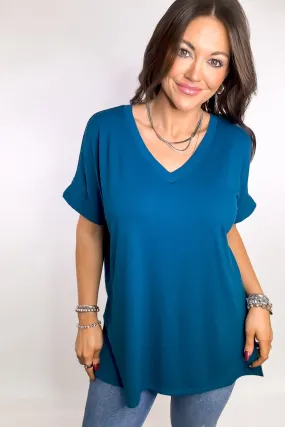 Favorite Memories Teal Short Sleeve Side Slit Top