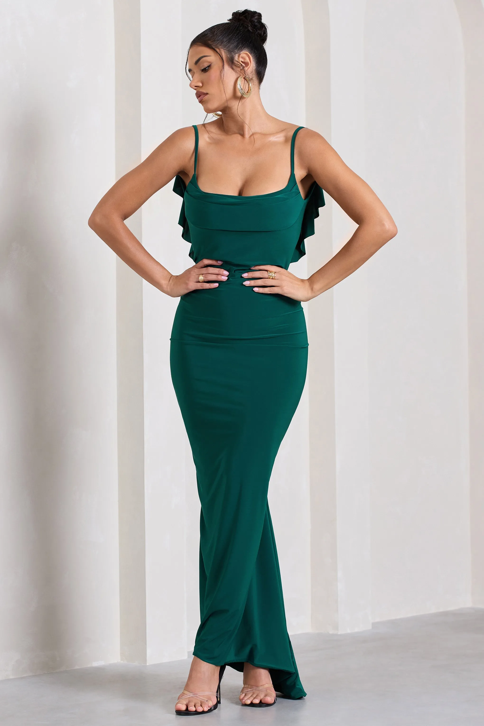 Flute | Bottle Green Bodycon Maxi Dress With Ruched Ruffled Back