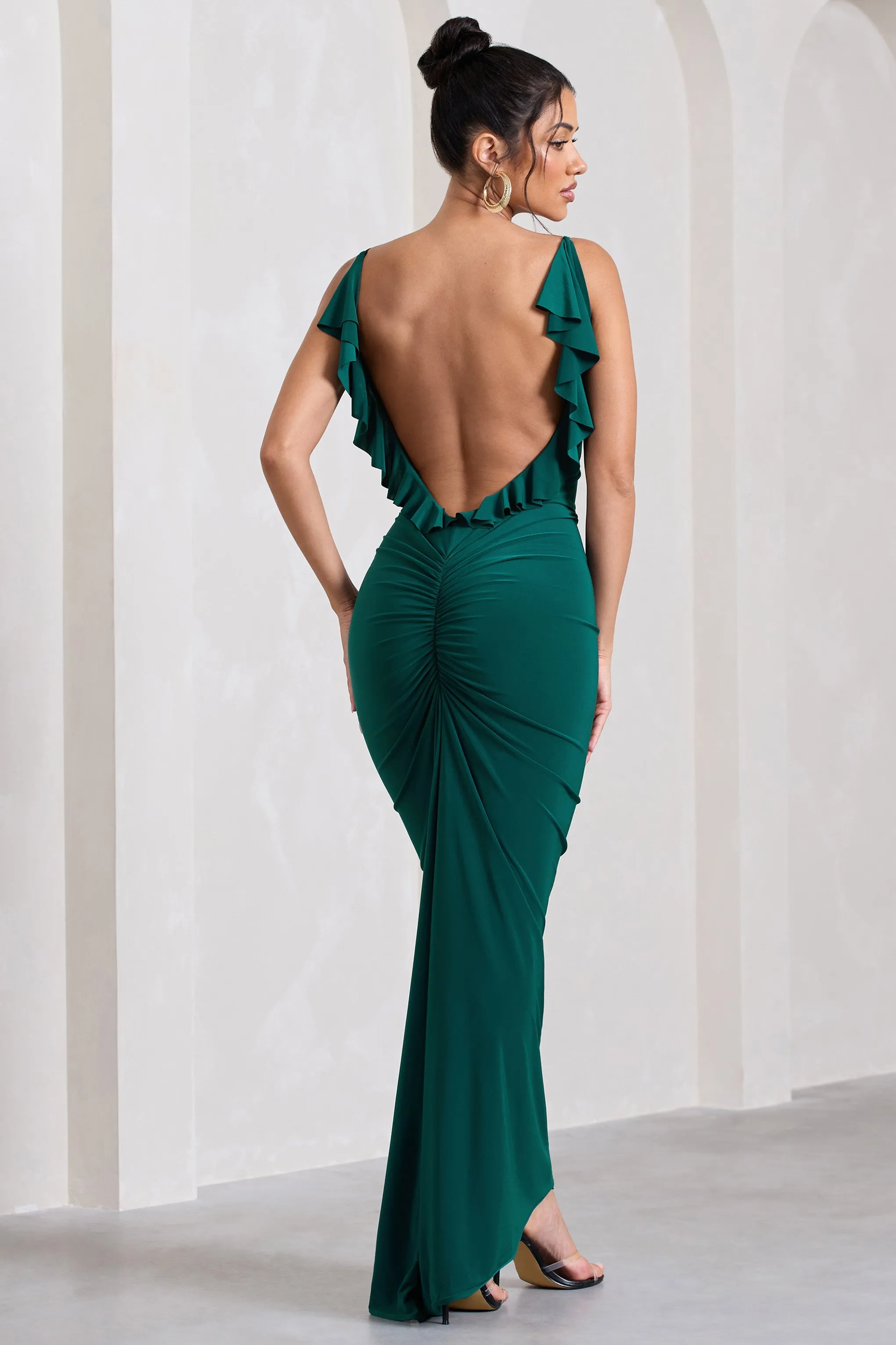 Flute | Bottle Green Bodycon Maxi Dress With Ruched Ruffled Back