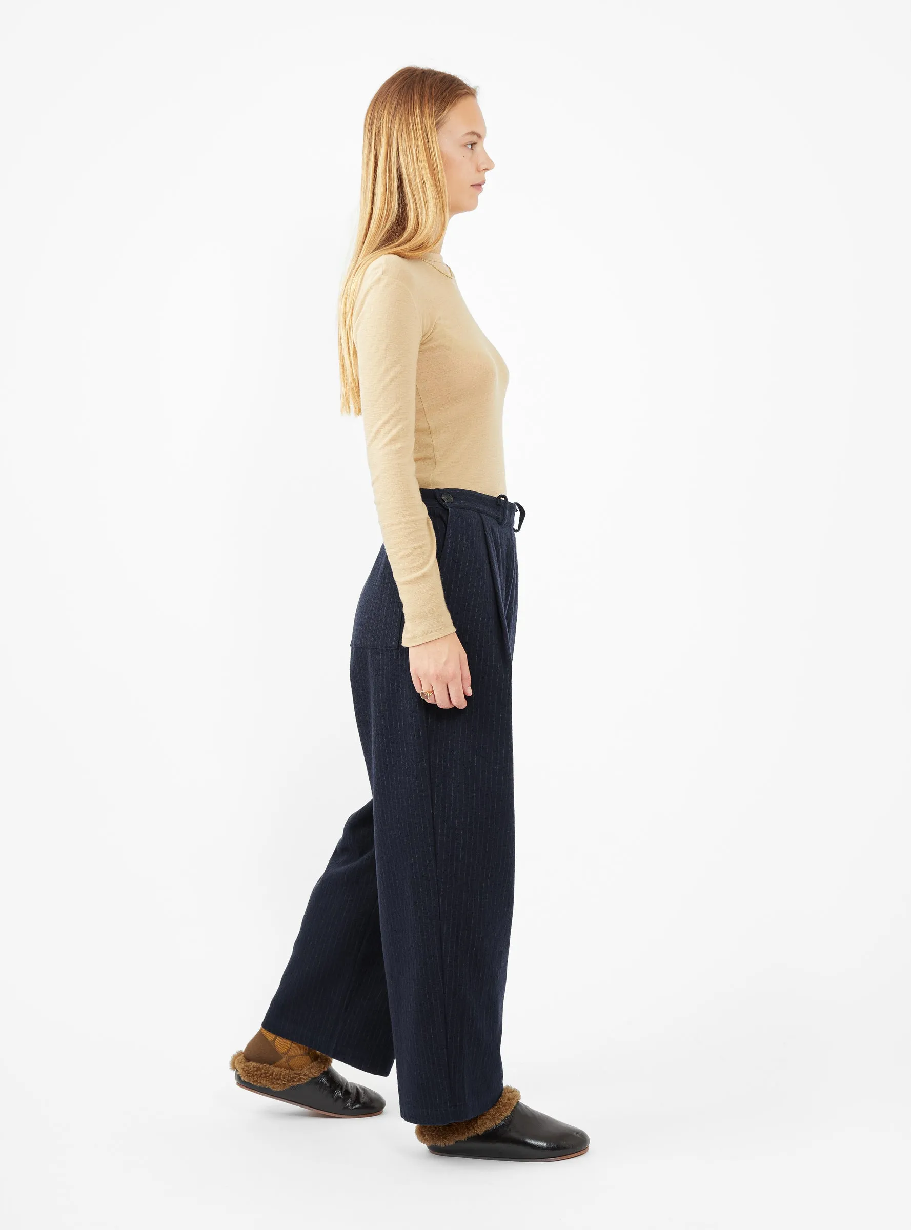 Georgia Wool Trousers Navy & Ecru Pinstripe