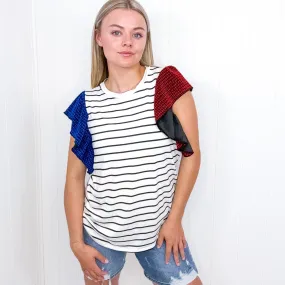 Glam It Up Red and Blue Glitter Flutter Sleeve Striped Short Sleeve Top