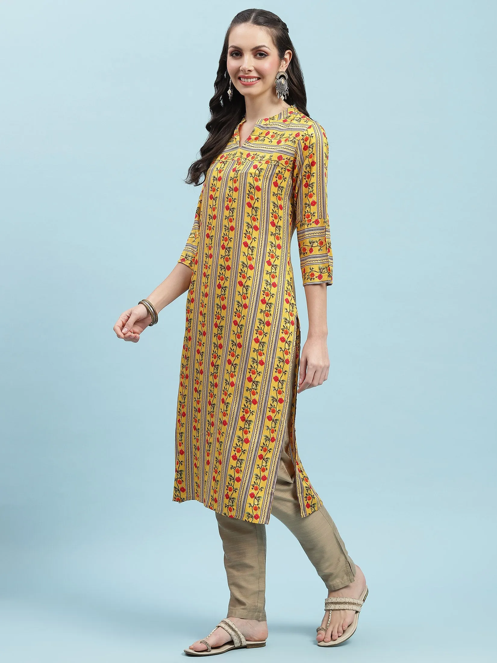 Indiessence Yellow Floral Printed Kurta