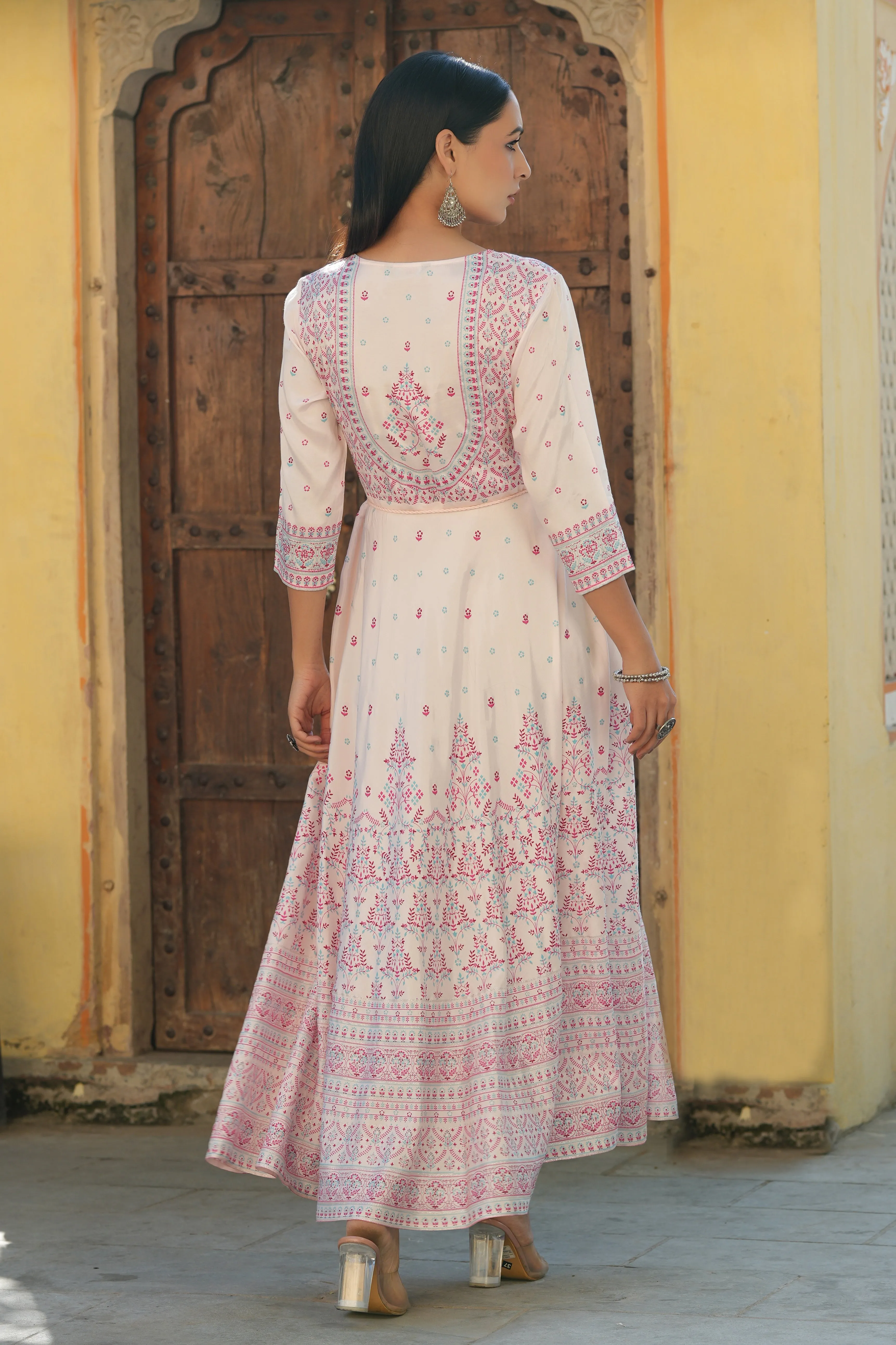 Juniper Pink Ethnic Motif Printed Shantoon Flared Maxi dress With Beads & Sequins Work