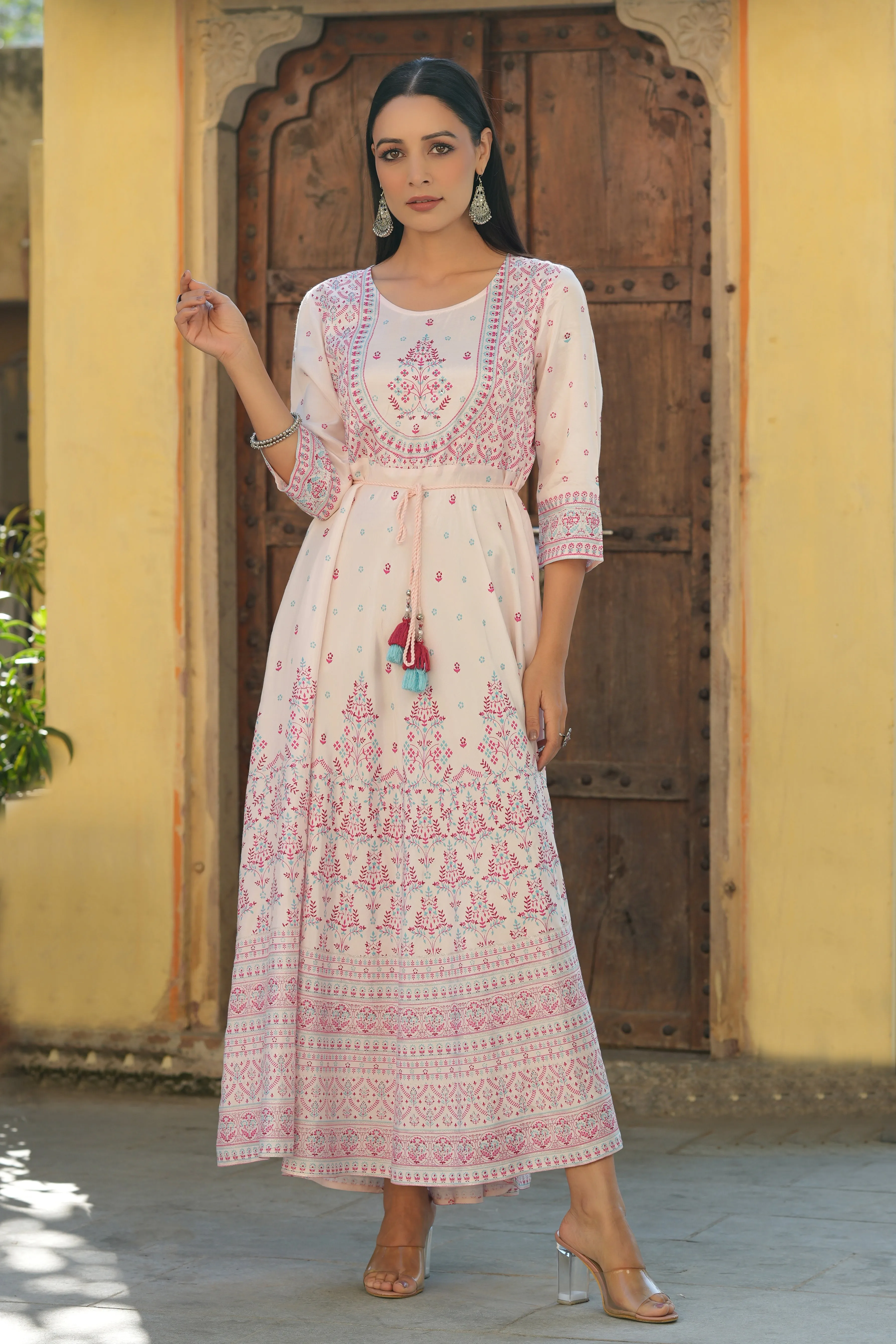 Juniper Pink Ethnic Motif Printed Shantoon Flared Maxi dress With Beads & Sequins Work