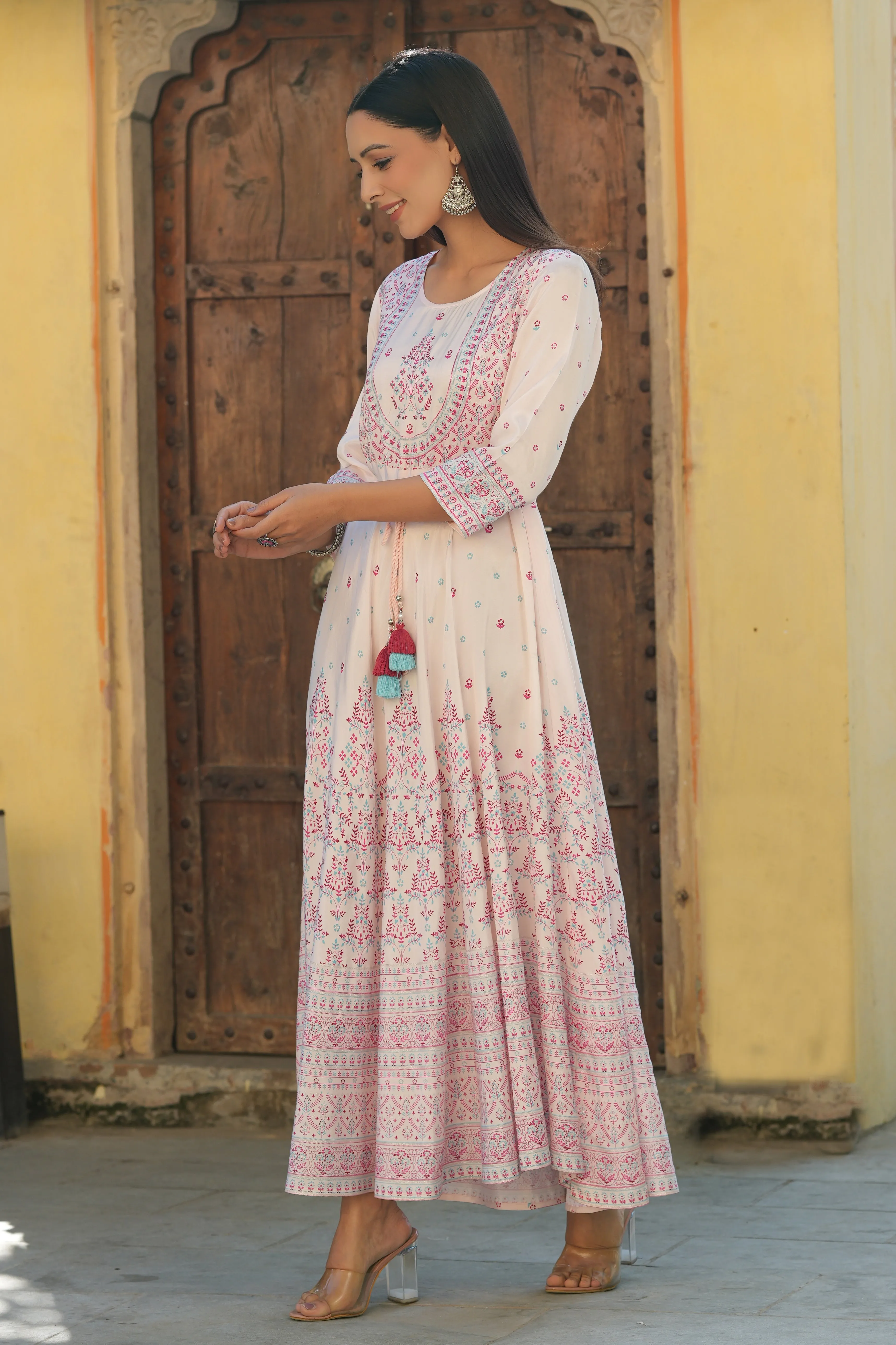 Juniper Pink Ethnic Motif Printed Shantoon Flared Maxi dress With Beads & Sequins Work