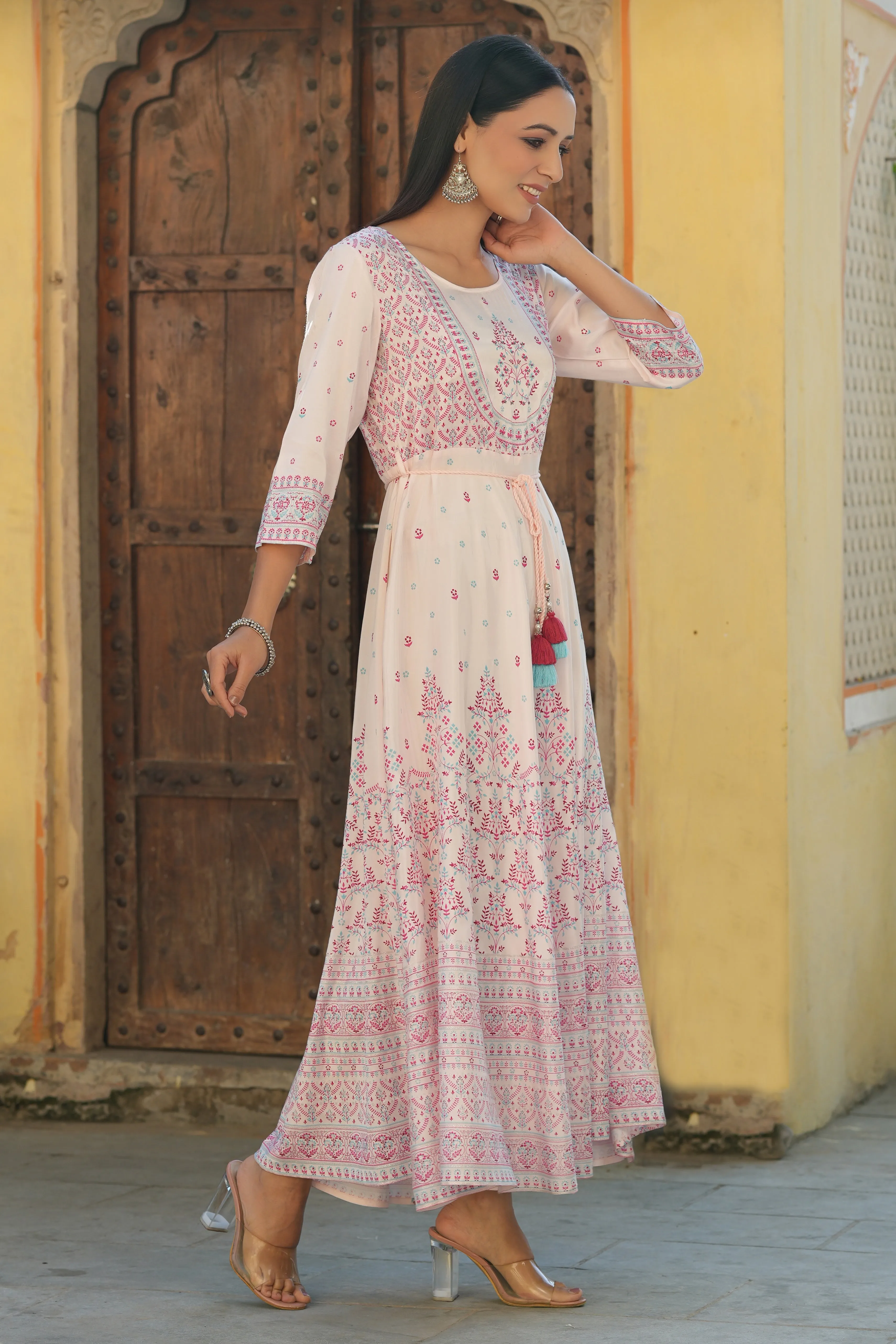 Juniper Pink Ethnic Motif Printed Shantoon Flared Maxi dress With Beads & Sequins Work