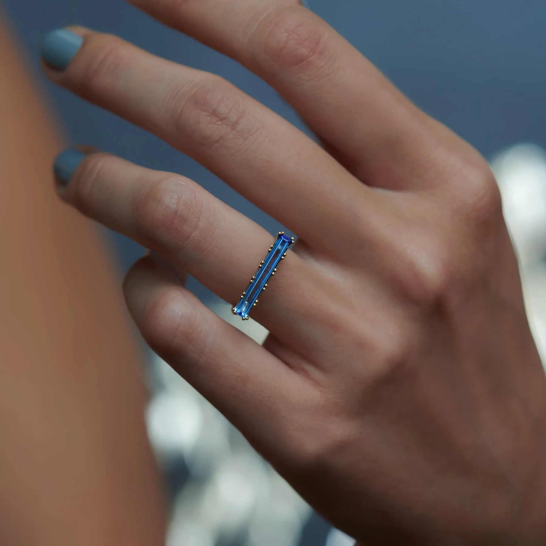 Lab Grown Sapphire Long Baguette Statement Ring