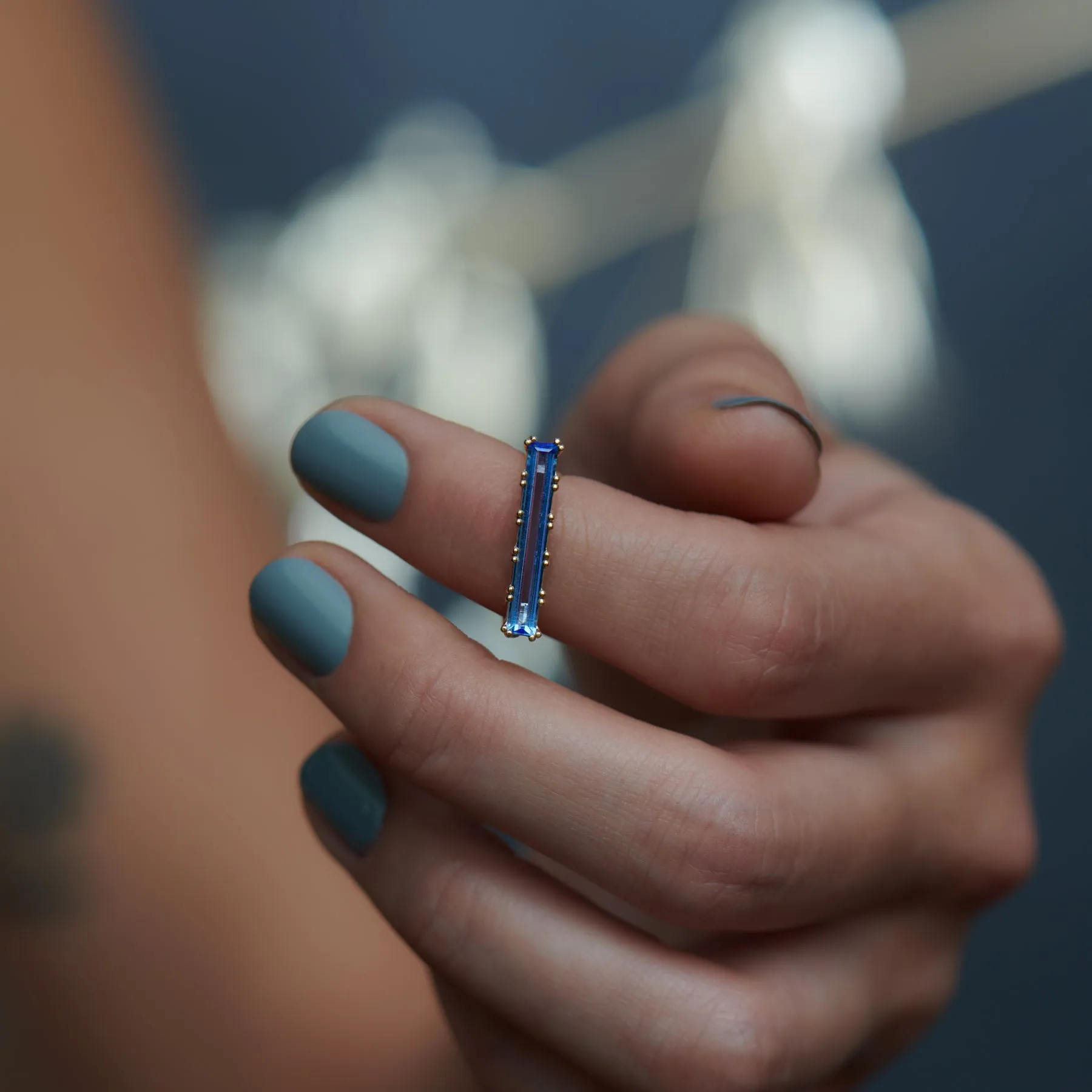 Lab Grown Sapphire Long Baguette Statement Ring