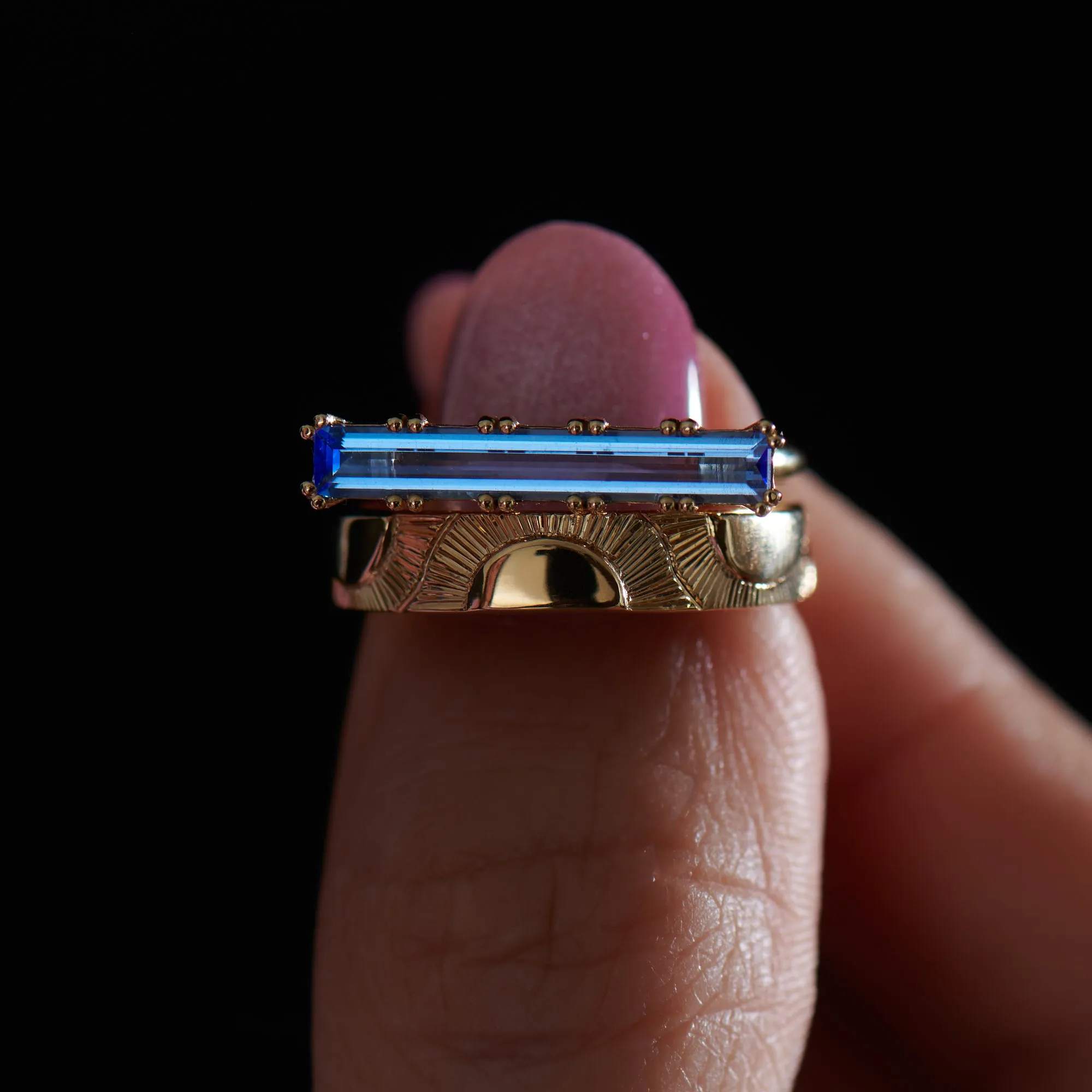 Lab Grown Sapphire Long Baguette Statement Ring