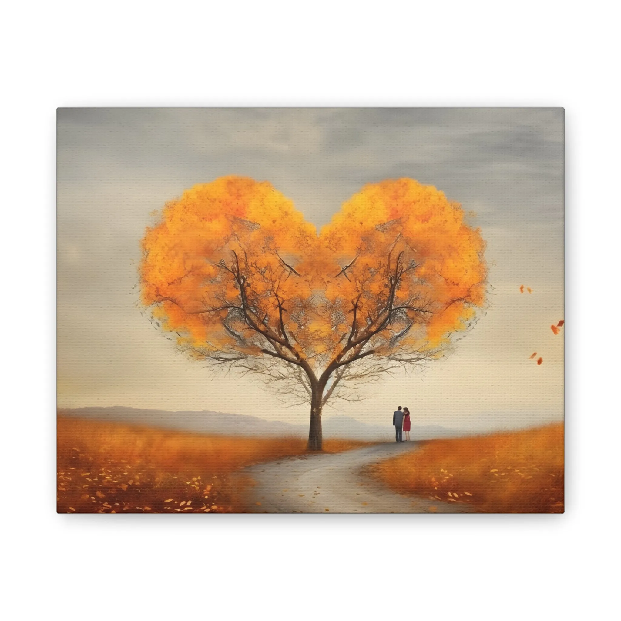 Landscape Of Heart Shaped Tree in Fall with two Lovers Canvas Stretched, 0.75