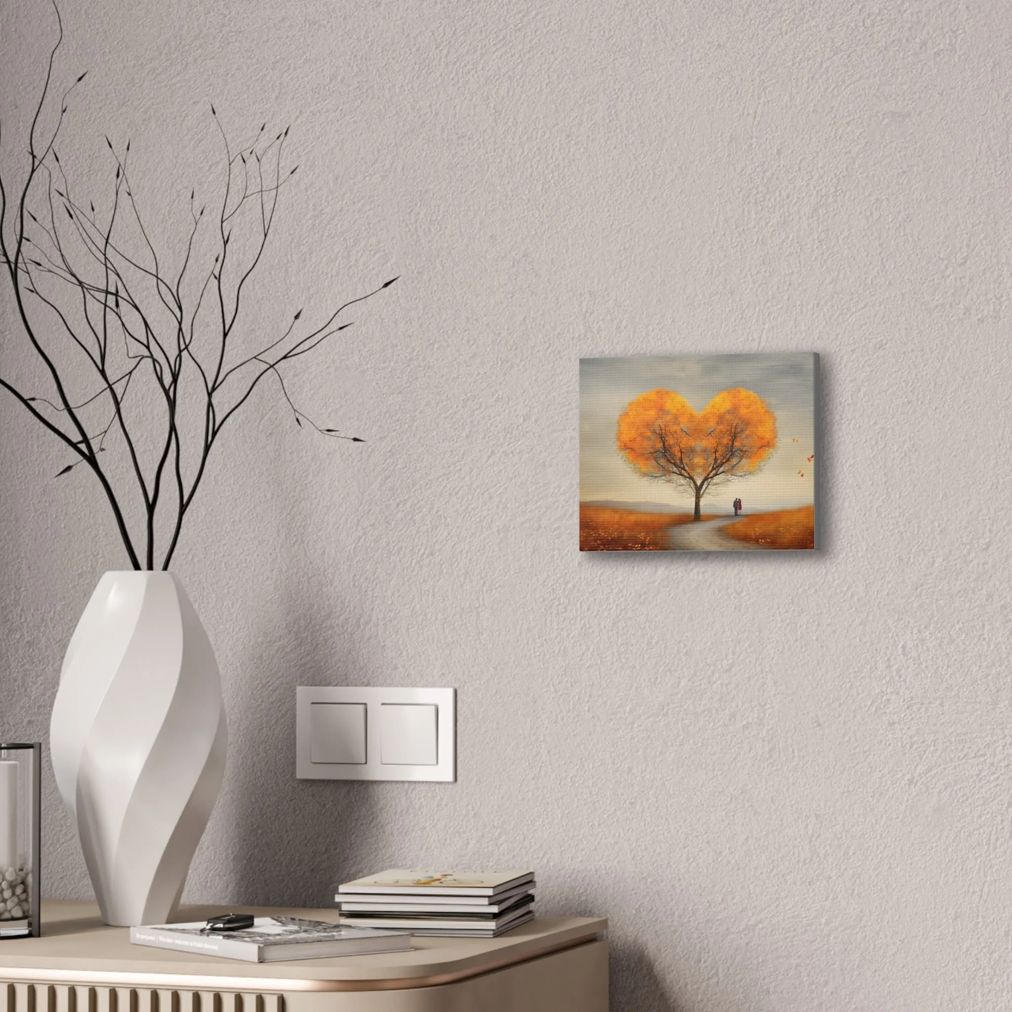 Landscape Of Heart Shaped Tree in Fall with two Lovers Canvas Stretched, 0.75