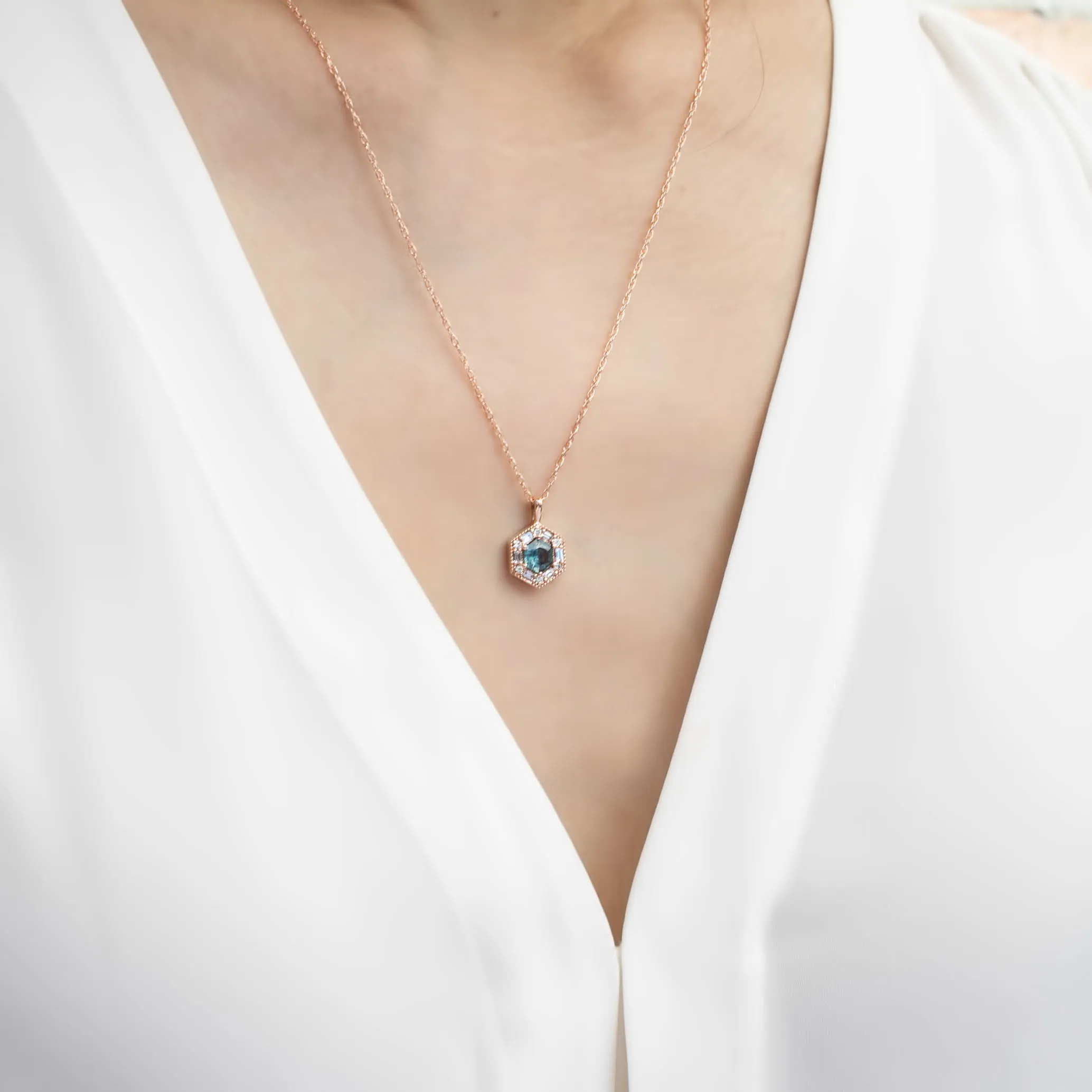 Lila Hexagon Necklace - 5mm Montana Sapphire Necklace, 14k rose gold