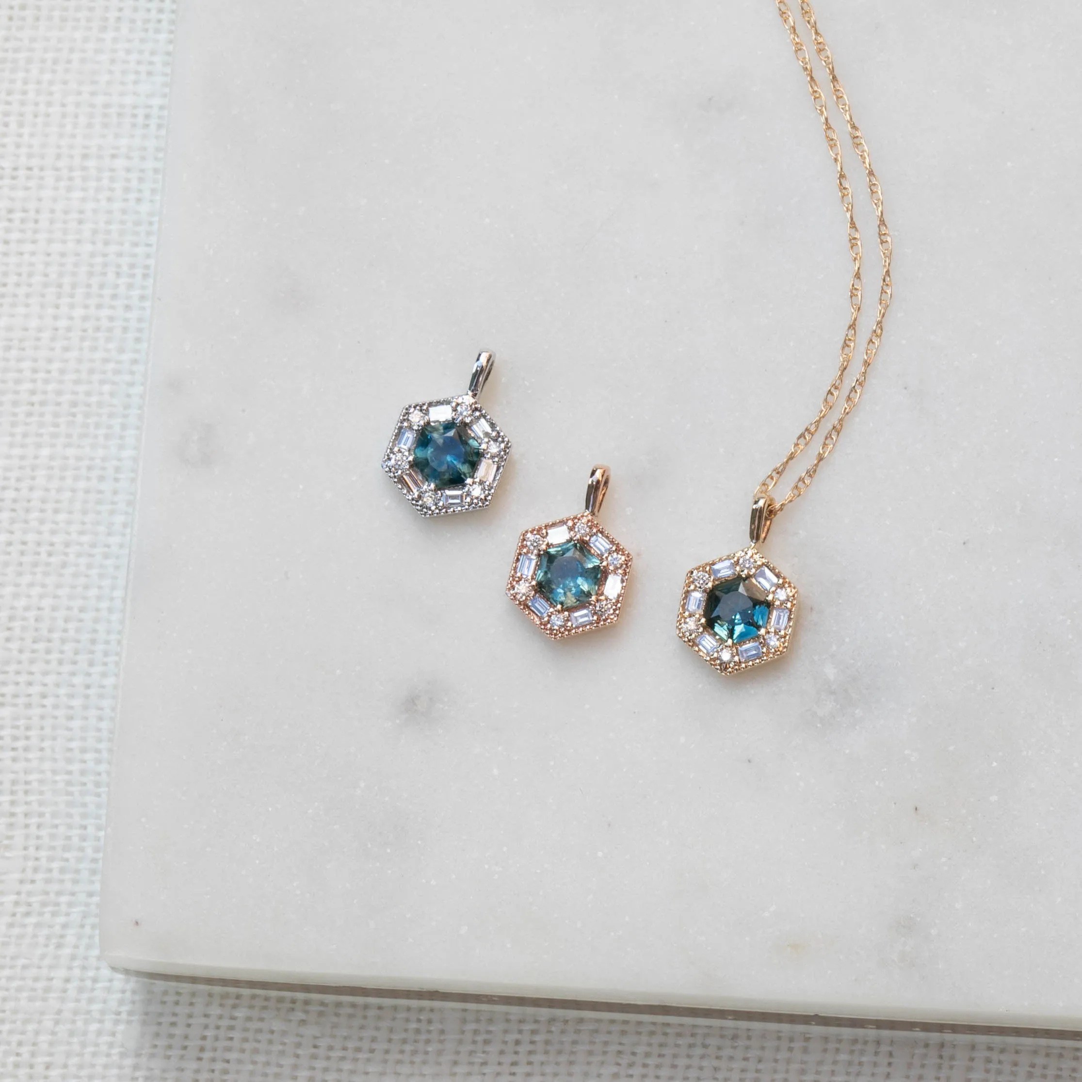 Lila Hexagon Necklace - 5mm Montana Sapphire Necklace, 14k rose gold