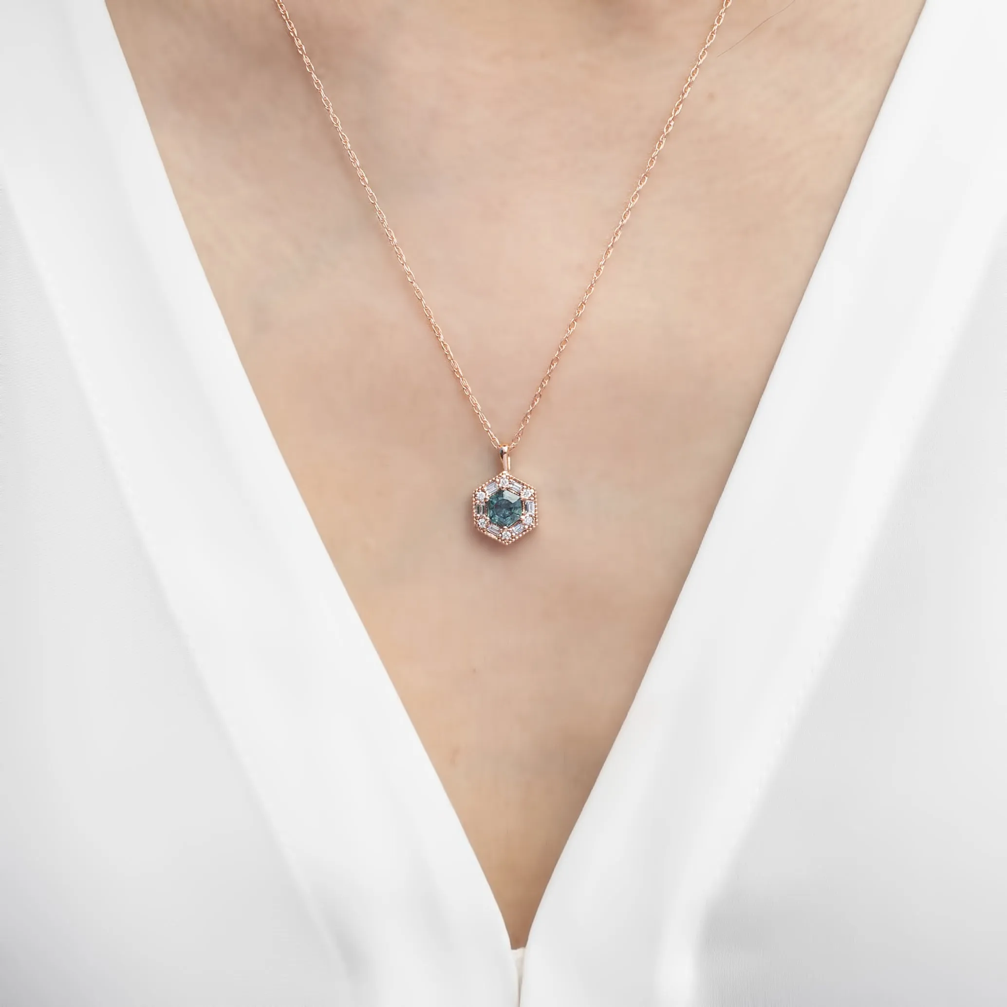 Lila Hexagon Necklace - 5mm Montana Sapphire Necklace, 14k rose gold