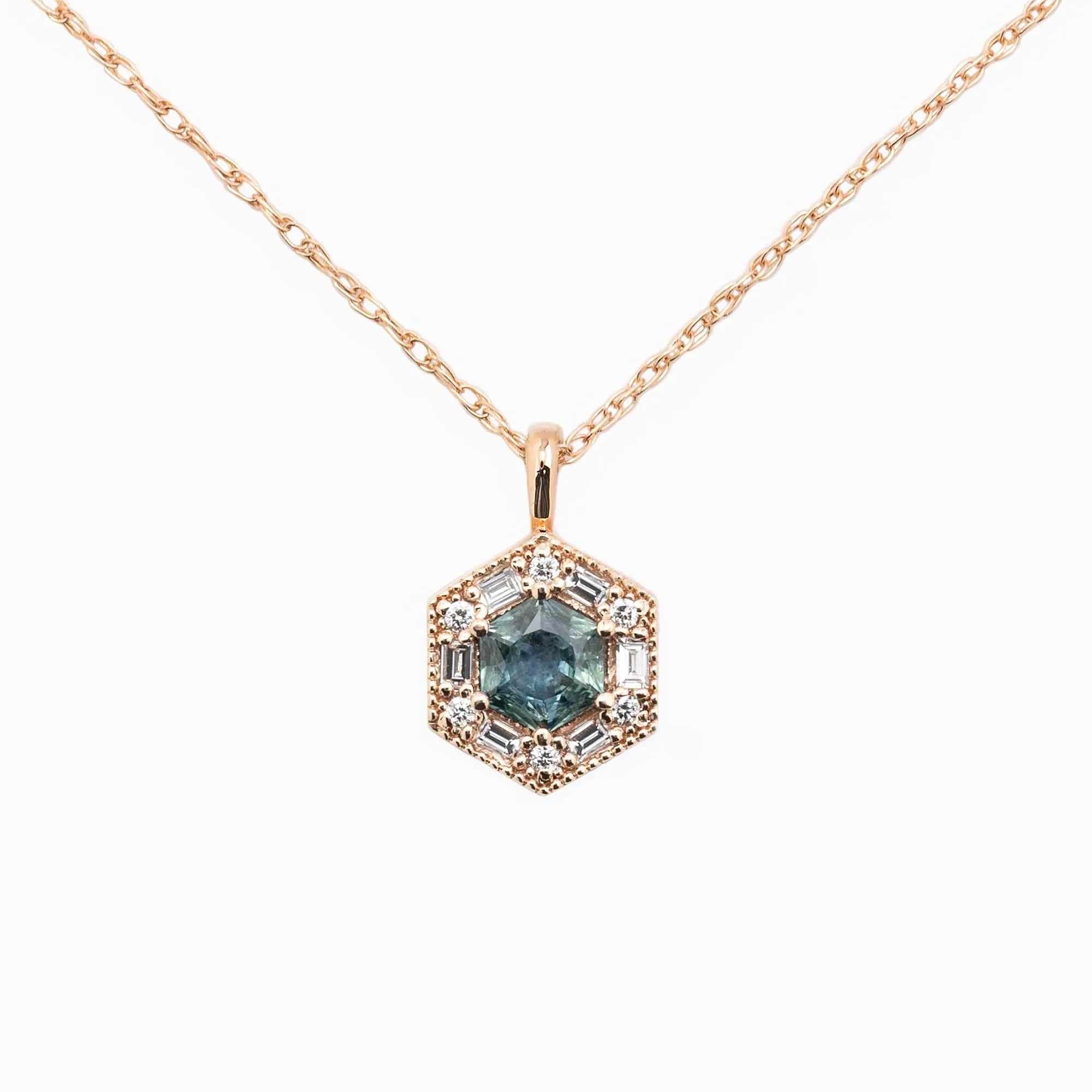 Lila Hexagon Necklace - 5mm Montana Sapphire Necklace, 14k rose gold