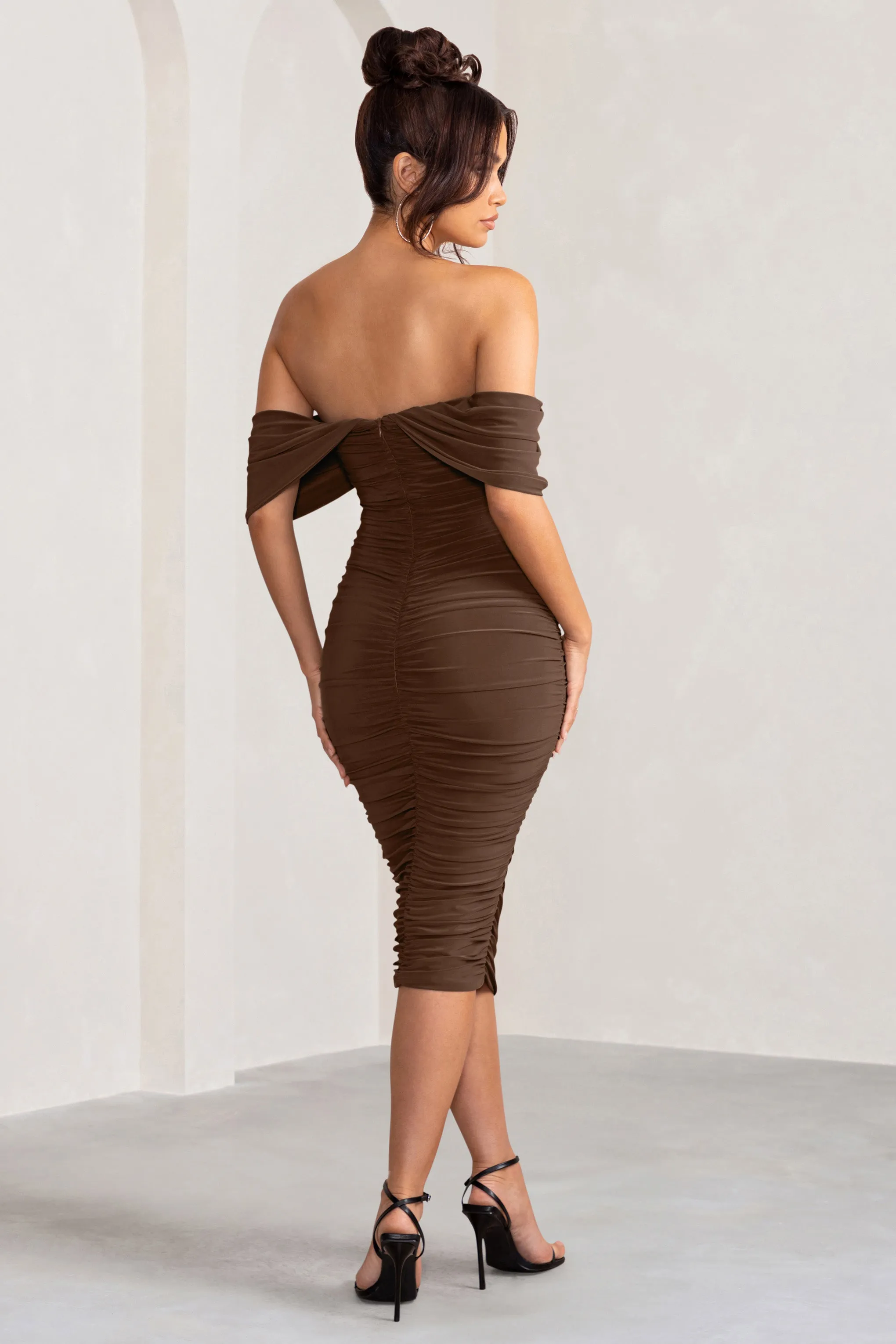 Love Me | Chocolate Off The Shoulders Ruched Midi Dress